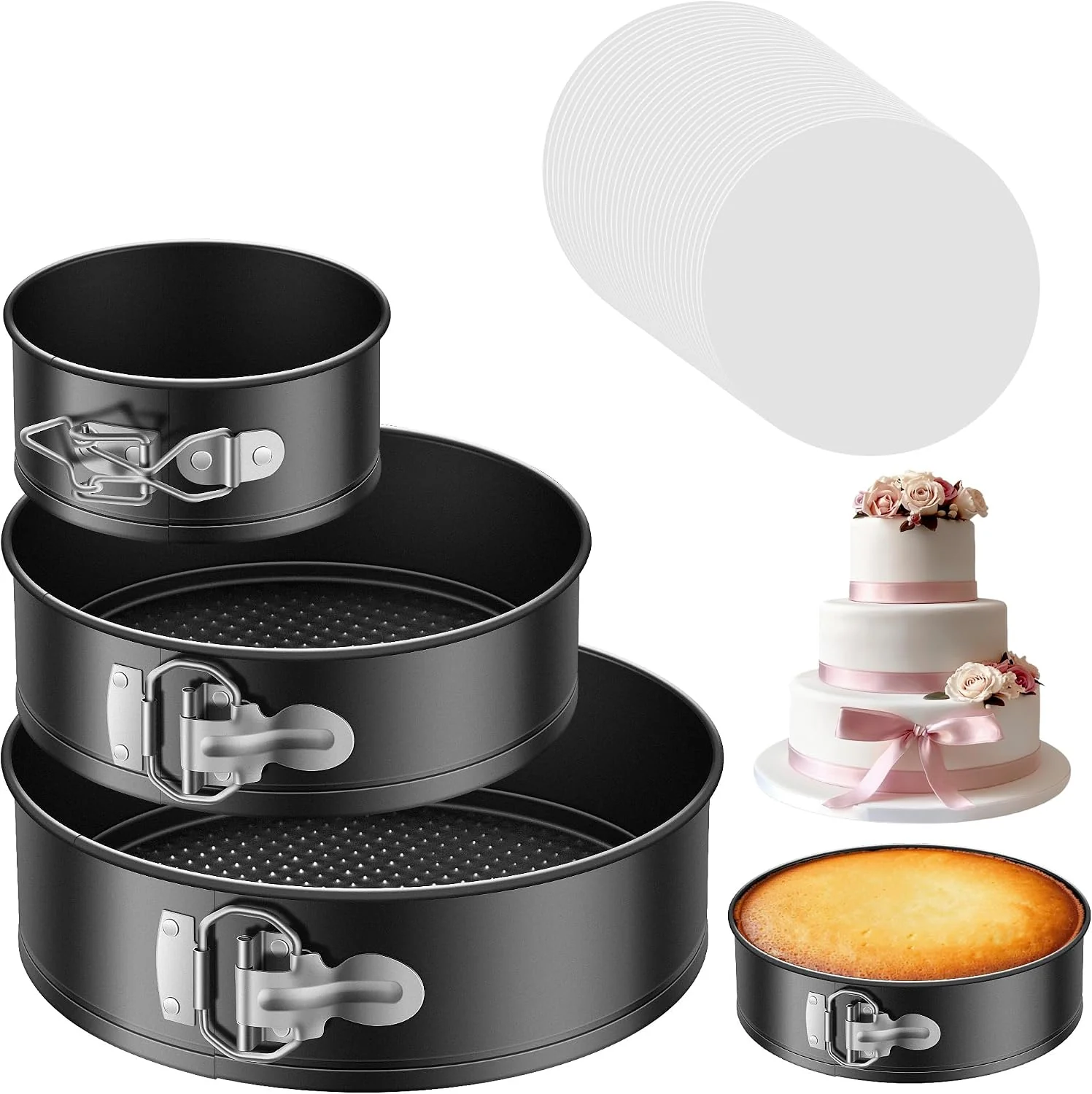 Modern Kootek Cake Pan Set of 3 Springform Pans 4 7 9 Inch 50 Parchment Paper Carbon Steel Nonstick Coating Removable Bottom Easy Release Baking Pans Rust-Proof Oven Safe Round Cheesecake Pan Sustainable