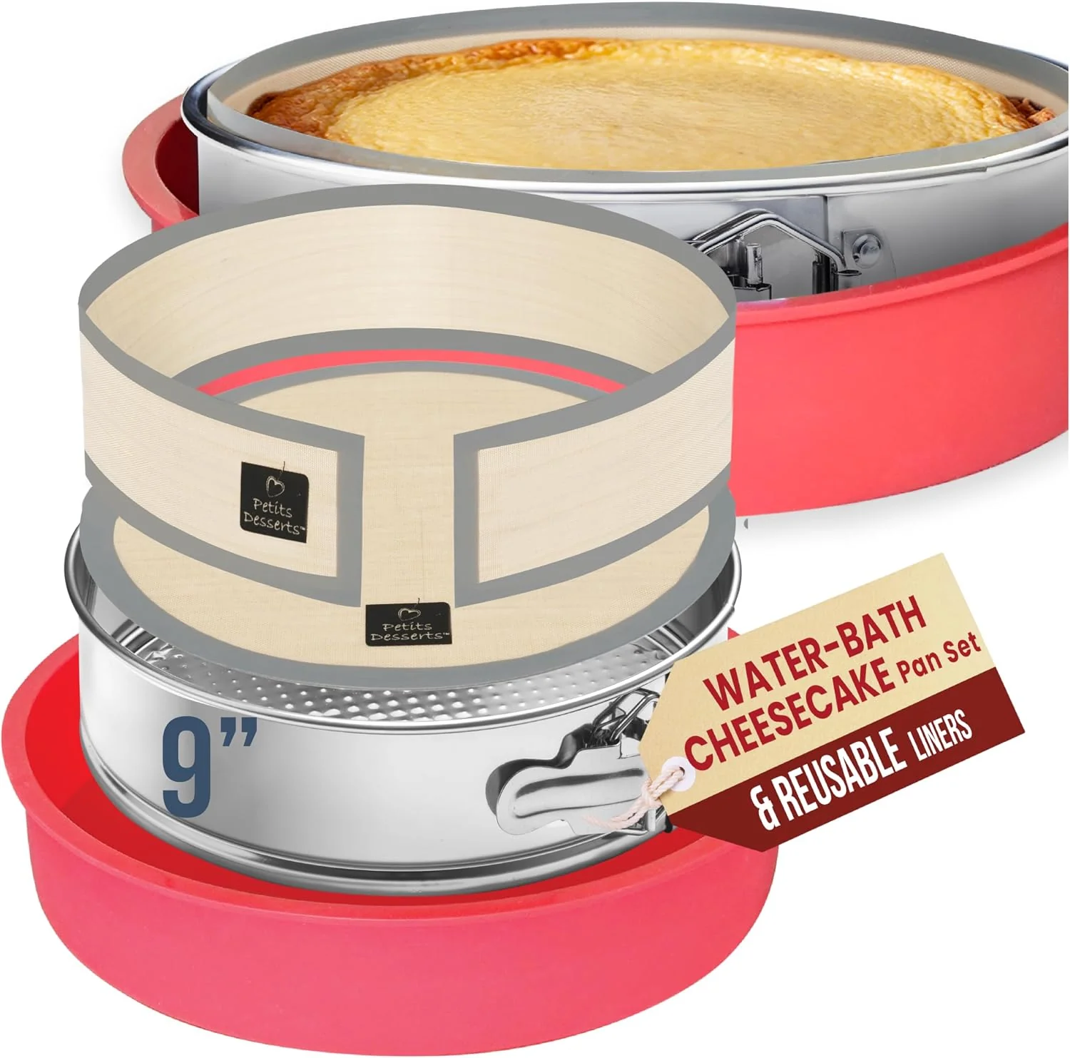 Sophisticated Cheesecake Pan 9 Inch Springform with 2 REUSABLE NON-STICK Silicone LINERS Specialty