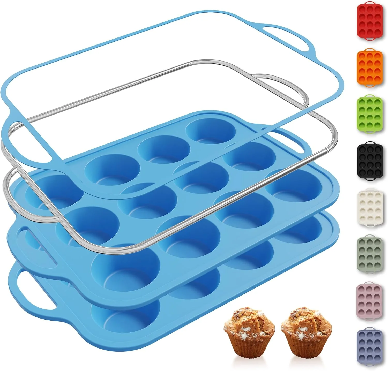 Excellent 2 Packs 12 Cups Silicone Muffin Pan with Metal Reinforced Frame Regular Size Cupcake Pan Tray Egg Bites Silicone Circle Cookie Molds Muffin Tin Tart Easy-to-Use