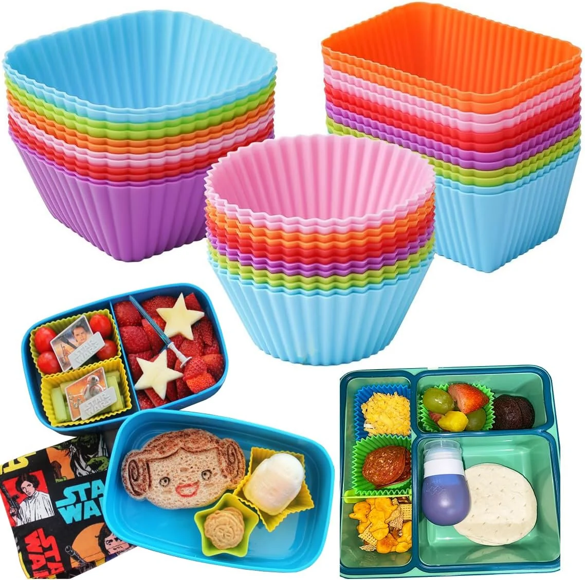 Carefully Designed Silicone Bento Lunch Box Dividers 3 Shapes of Standard Round Square Rectangle - Reusable Silicone Cupcake Liners Non-Stick Muffin Cups for Baking Green