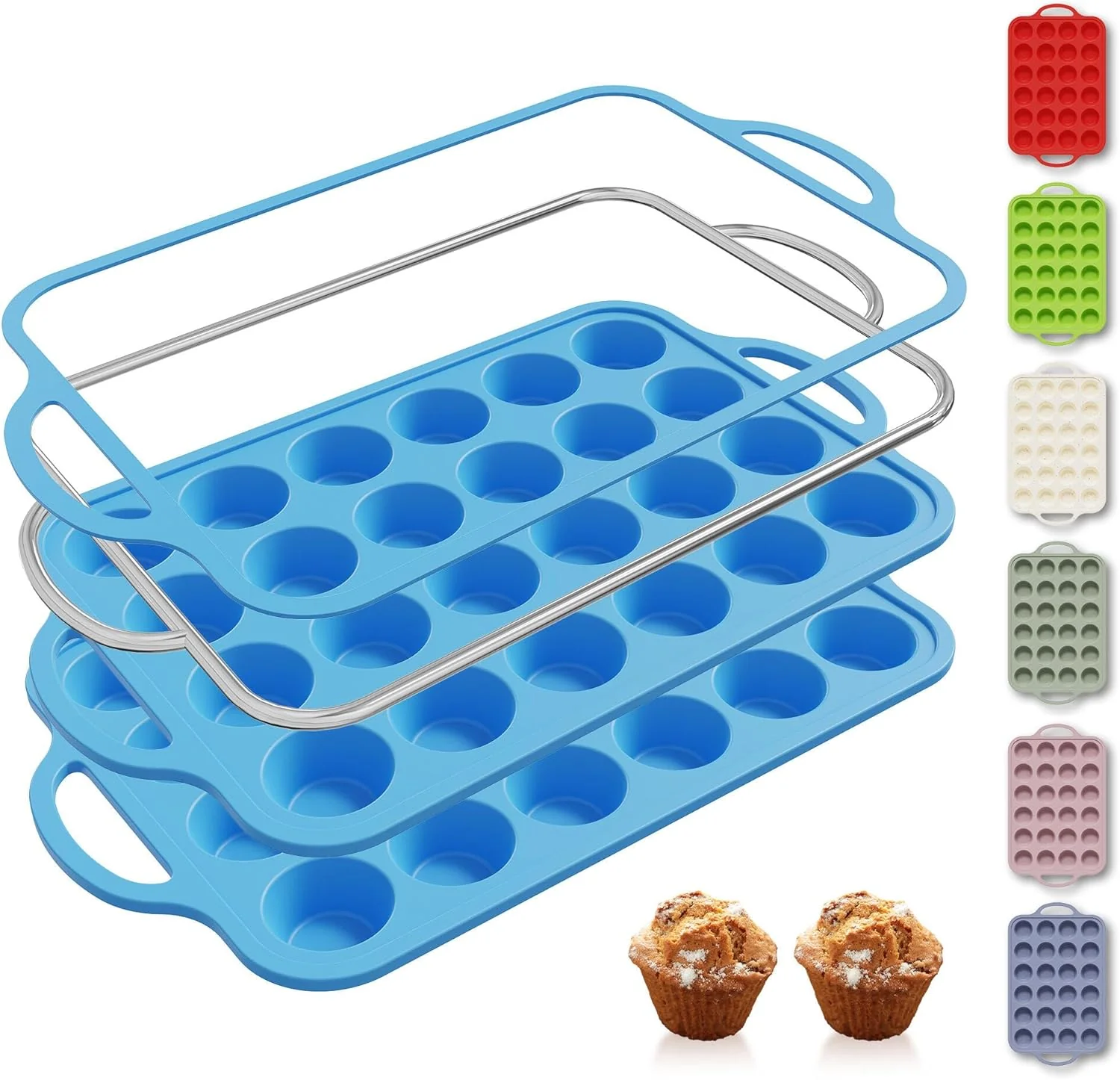 First-Class 2 Packs 24 Cups Silicone Muffin Pan with Metal Reinforced Frame Mini Size Cupcake Pan Tray Egg Bites Cookie Molds Muffin Tin Tart Pans chocoflan mold Pure