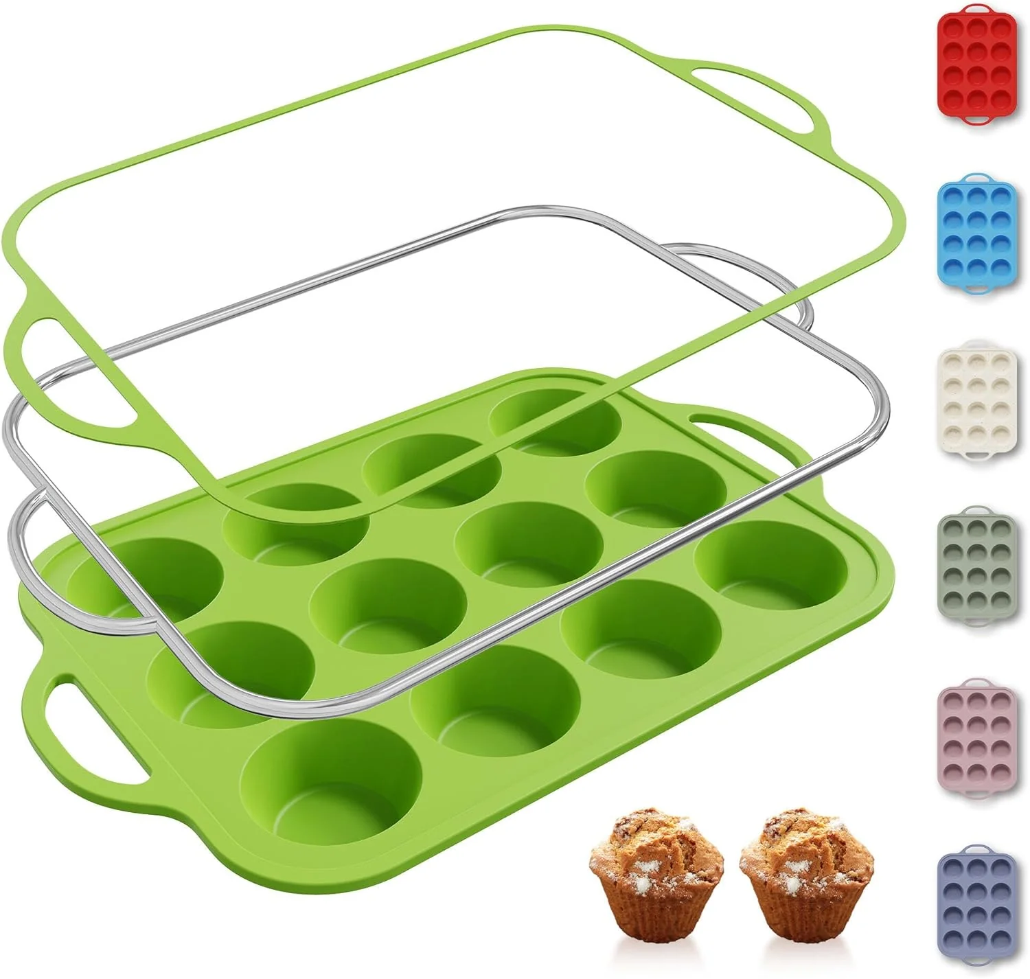 Fine Crafted 12 Cups Silicone Muffin Pan with Metal Reinforced Frame Regular Size Cupcake Pan Tray Egg Bites Silicone Circle Cookie Molds Muffin Tin Tart Pans Enhanced