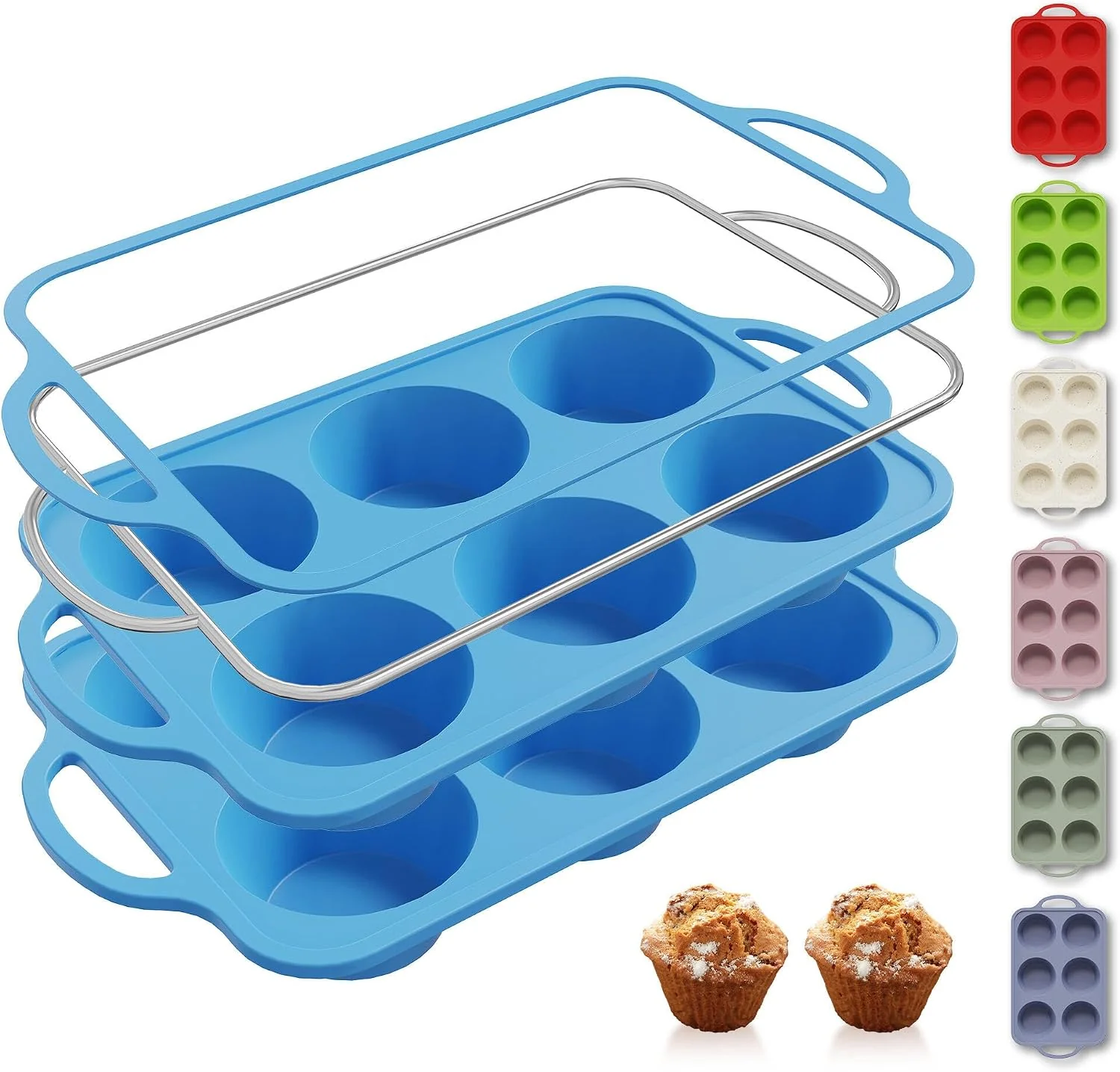 Proven 2 Packs 6 Cups Silicone Muffin Pan with Metal Reinforced Frame Jumbo Size Cupcake Pan Tray Egg Bites Silicone Molds Muffin Tin Tart Pans Bundt Pan Reposteria Accesorios Moldes Para Pasteles Fashionable