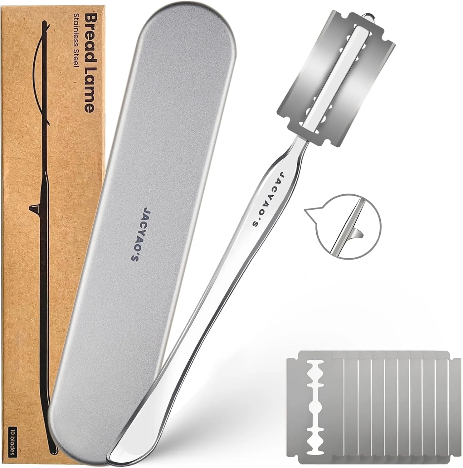 Minimalist JACYAO'S Bread Lame Sourdough Scoring Tool Made From 304 Stainless Steel Professional Bread Scoring Tool with 10 Razor Blades and Metal Storage Box Detailed