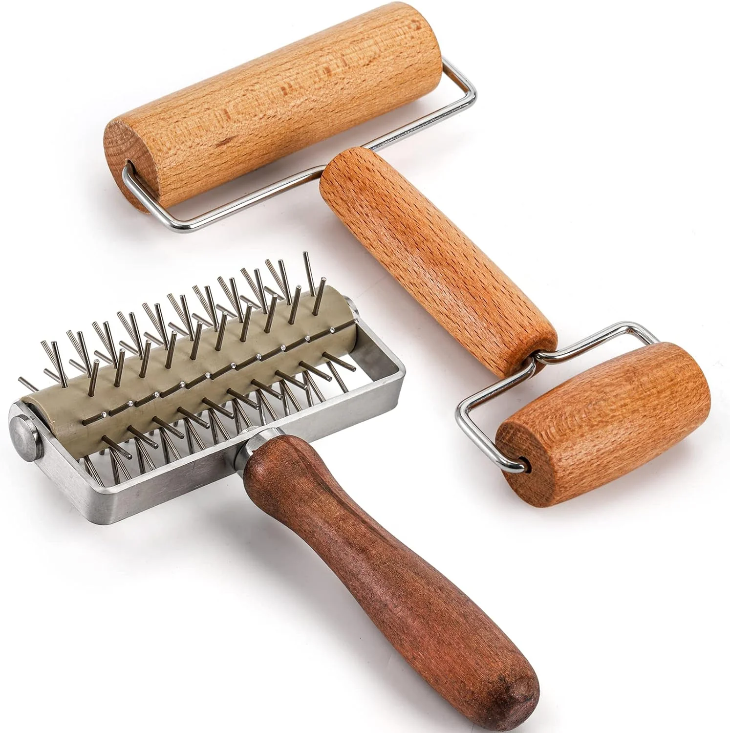 Professional Hiceeden Set of 2 Pizza Dough Roller Dough Docker Stainless Steel Dough Hole Maker Puncher Wooden Rolling Pin for Pizza Cookie Pie Pastry Durable