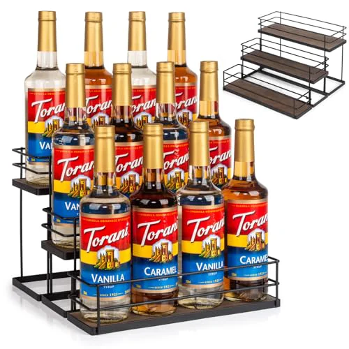 Solid 12 Bottle Capacity Coffee Syrup Organizer 3 Tier Coffee Syrup Stand Shelf for Coffee Bar Kitchen Small Wine Rack for Bar Family Storage for Syrup Wine Dressing 13.6 inch es Environmentally Friendly