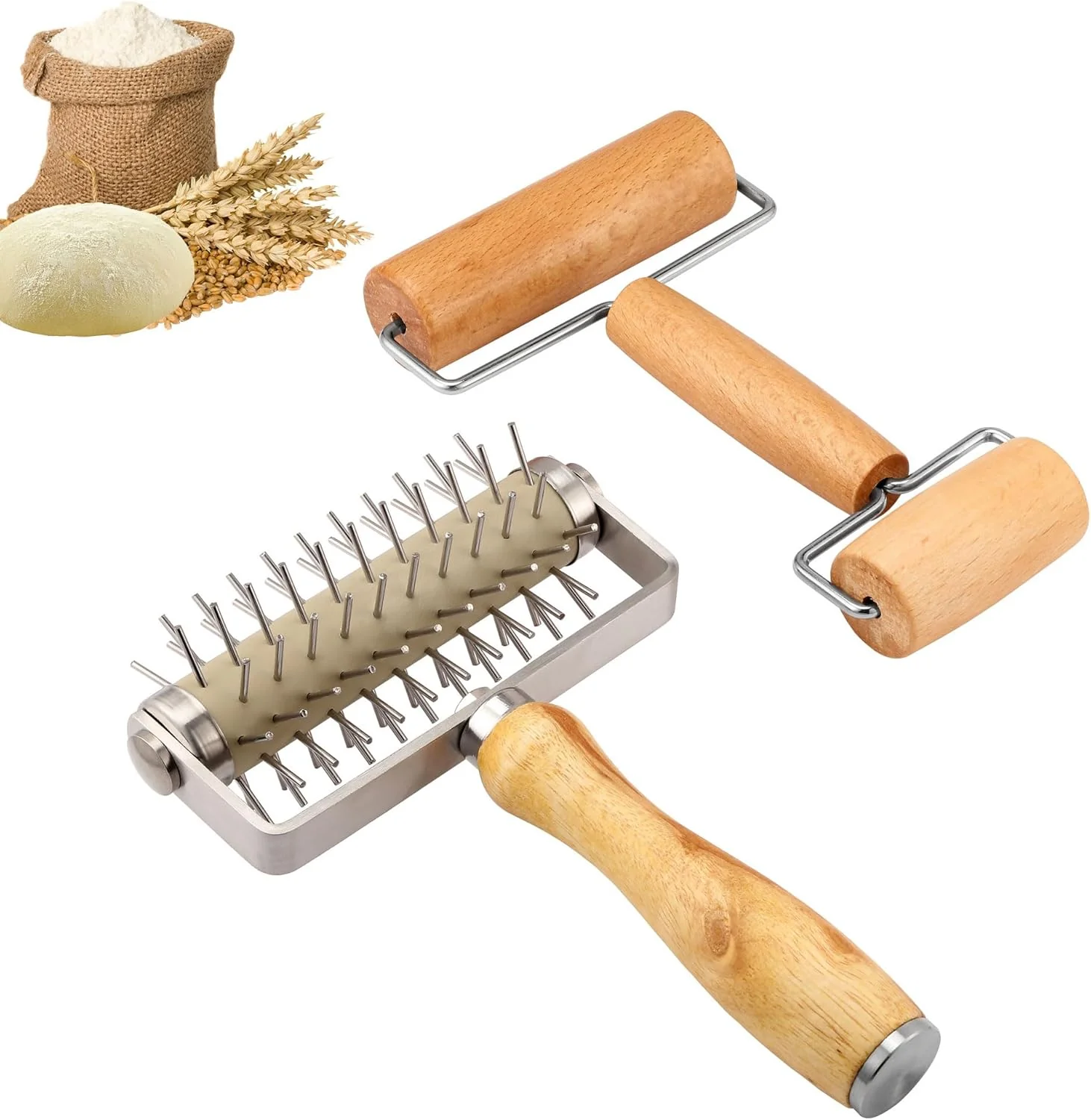 Modern 2Pcs Pizza Dough Roller Dough Docker Wood Rolling Pin Stainless Steel Dough Hole Puncher for Pizza Pie Pastry Bread Pasta Cookie Crust Easy-to-Use