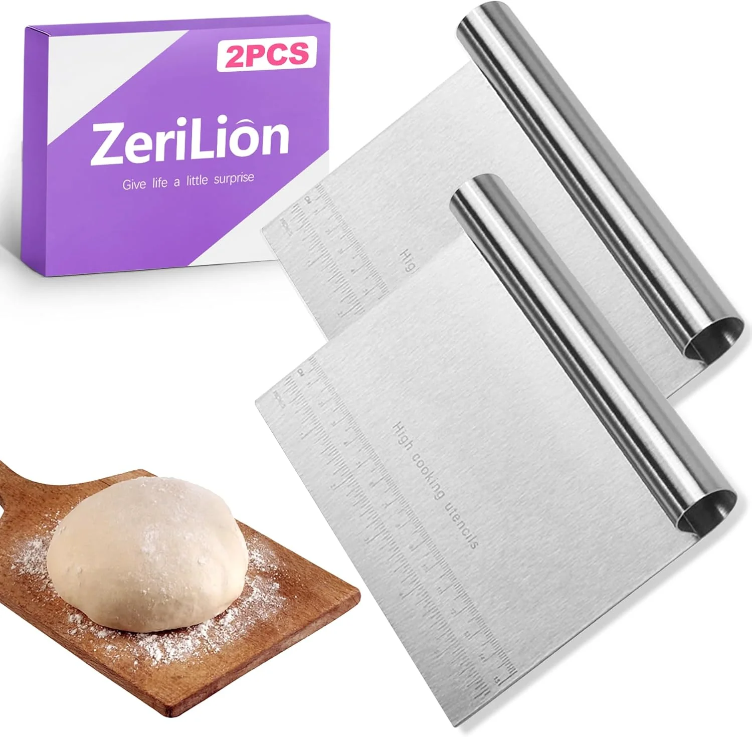 Quality 2 Pack Stainless Steel Dough Cutter Scraper Set - Bench Scraper Pastry Knife with Measuring Marks - Bread Dough Baking Professional Kitchen Tool Casual