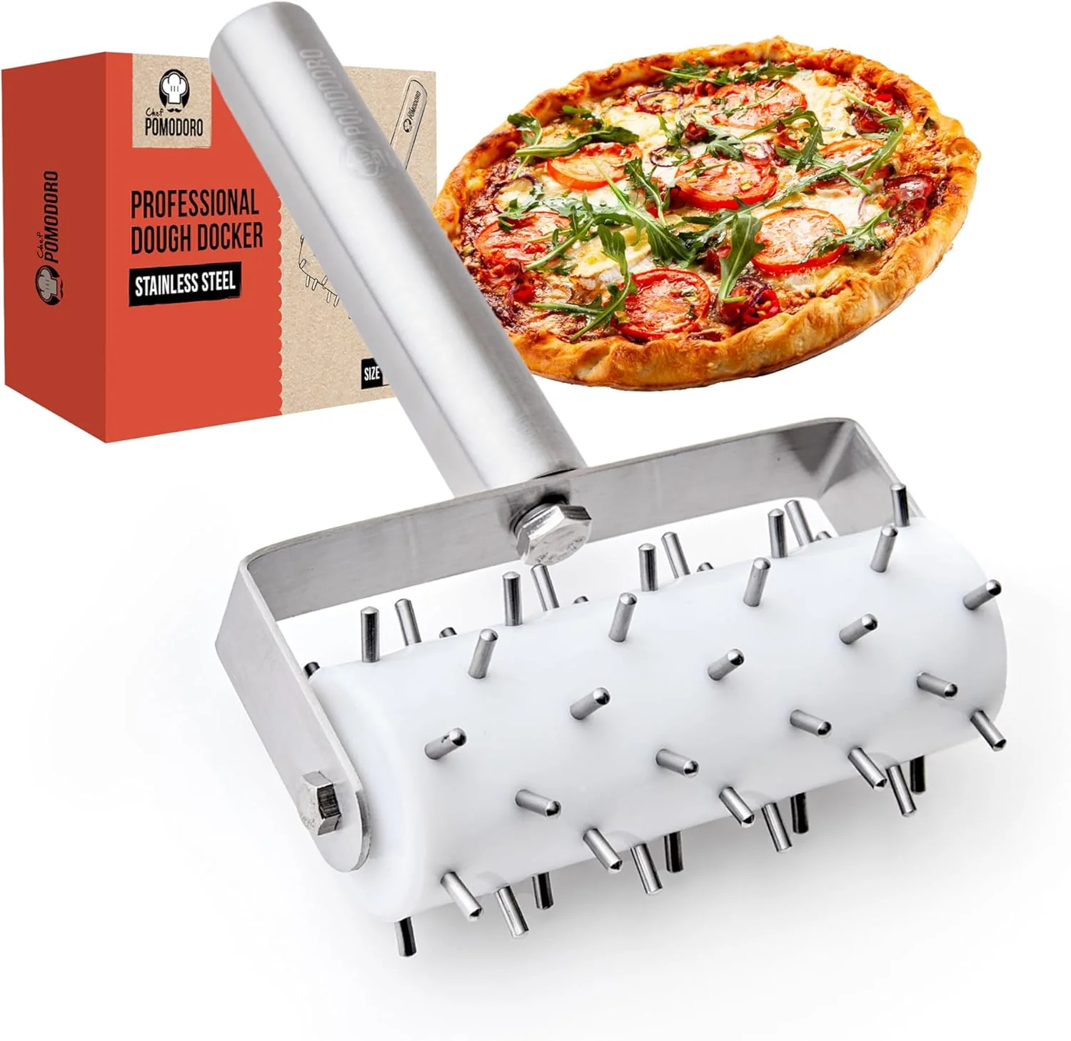 Functional Chef Pomodoro Dough Docker Pizza Roller Pizza Dough Roller 7mm Spikes Ergonomic Handle Rust-Resistant Pizza Dough Docker Roller with Precision Pizza Roller Spikes for Cracker and Pizza Dough Detailed