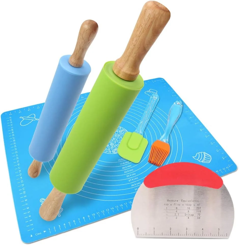 Proven Ewi 1Set Rolling Pin Pastry Mat Set Non-Stick 6 in 1 Dough Roller Baking Kit with Pastry Cutter Reusable Kneading Mat Scraper Basting Brush Carefully Designed