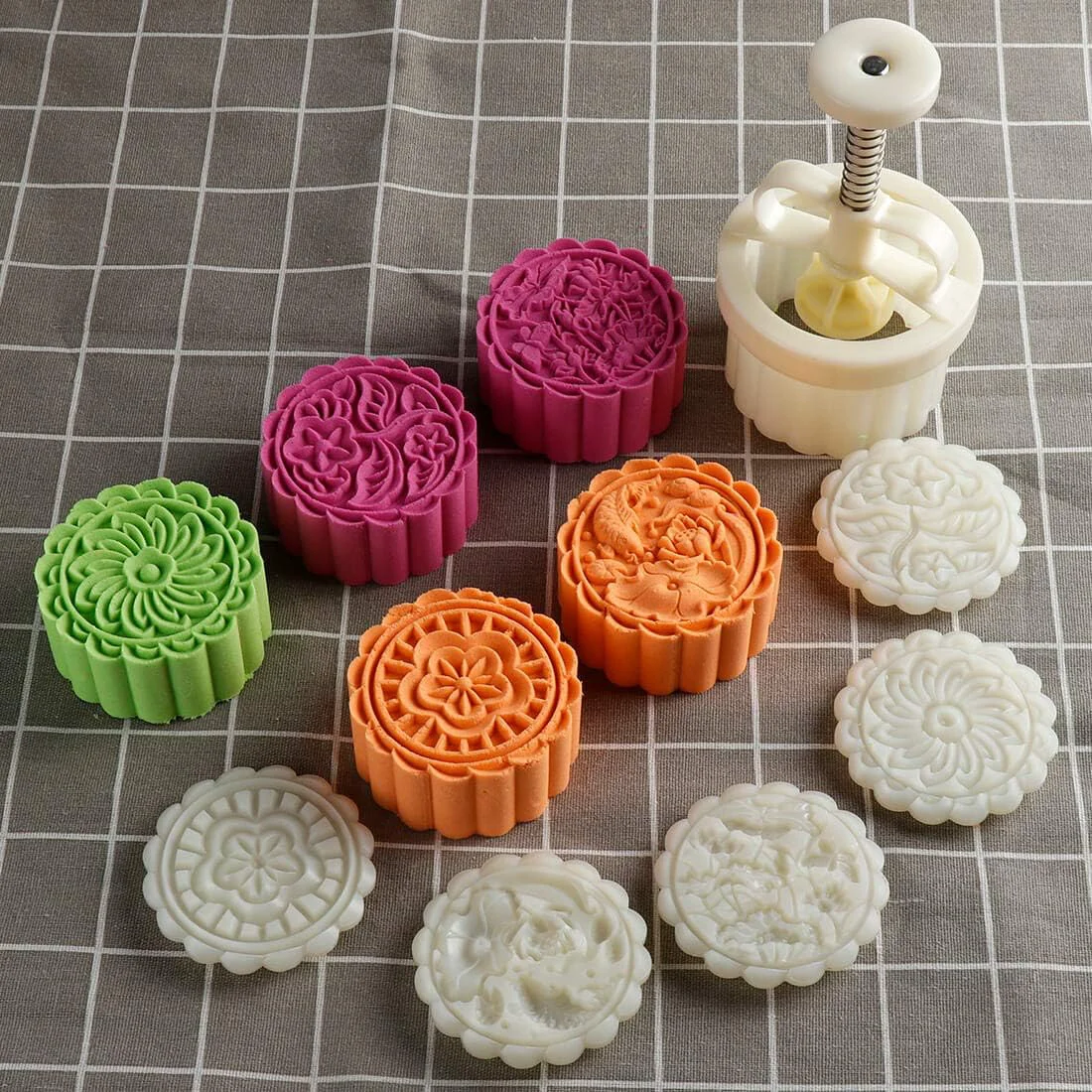 Green Cookie Stamp Mooncake Mold Set Cookie Press Maker 150g Shaper Thickness Adjustable Bath Bomb Mold Mid-autumn Festival Moon Cake Mold DIY Shortbread Hand Cutter Cake Pie Polvoron Mold Original