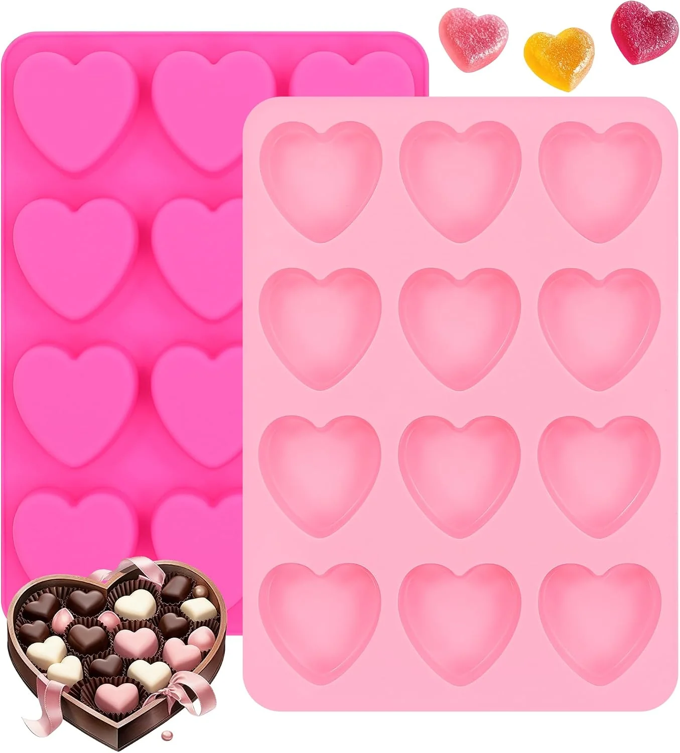 Crafted Heart-Shaped Silicone Chocolate Molds - Set of 2 for Mother's Day Non-Stick Candy Heart Molds for Baking Candy Gummy Cake Jelly Pudding Handmade Soap Mould Lightweight