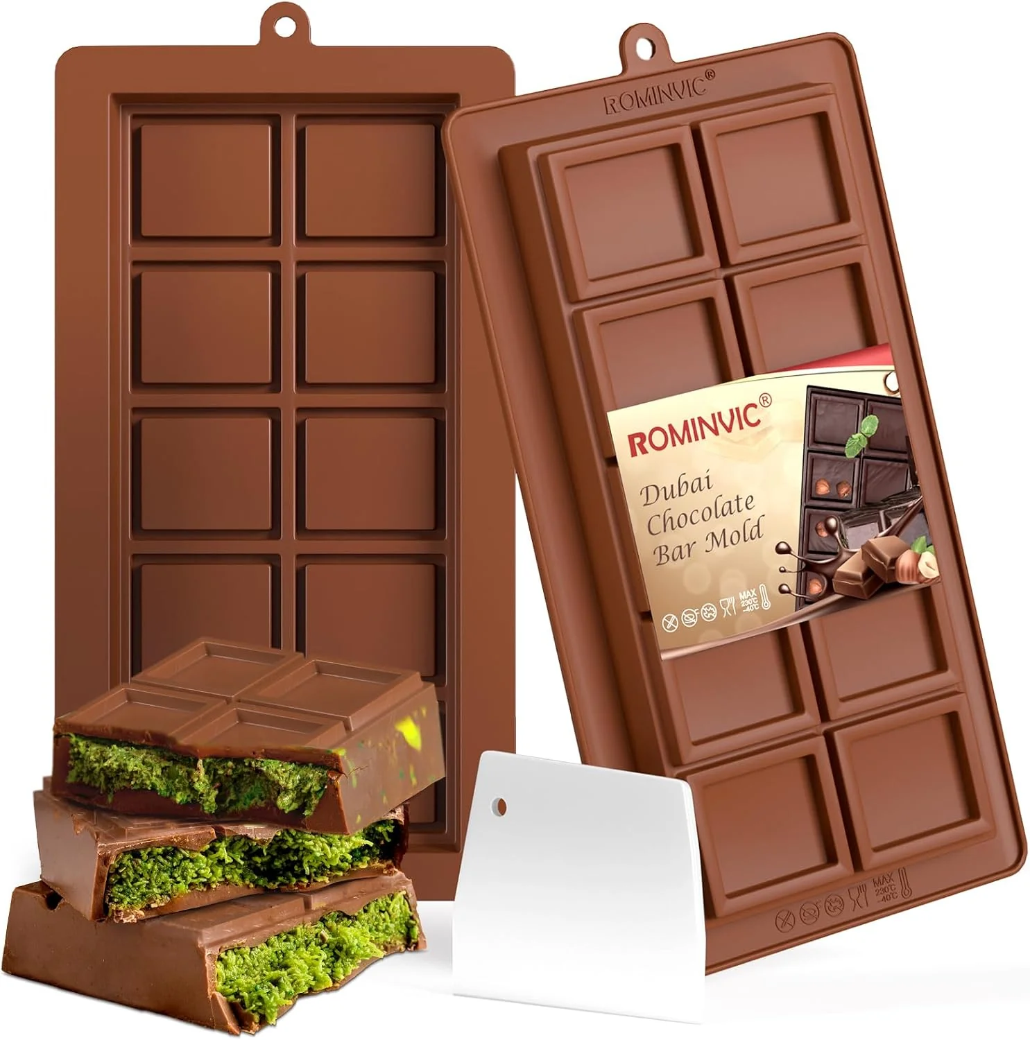 Original Design Dubai Chocolate Mold 2 Pack 0.79 Inch Deep Large and Thick Silicone Chocolate Bar Molds and scraper for Stuffed Bar Big Chocolate Candy Bar Mold for Filling Knafeh Pistachio Kit Detailed