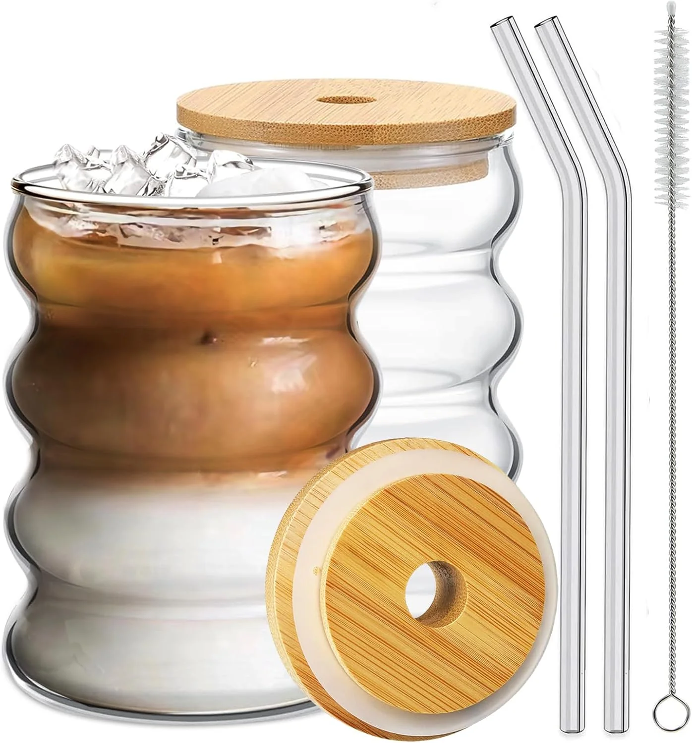 Expertly Made 2 Pcs Drinking Glasses with Bamboo Lids and Glass Straw 14oz Glassware Set Cocktail Glasses Iced Coffee Glasses Beer Glasses I for Water Soda Tea Effective