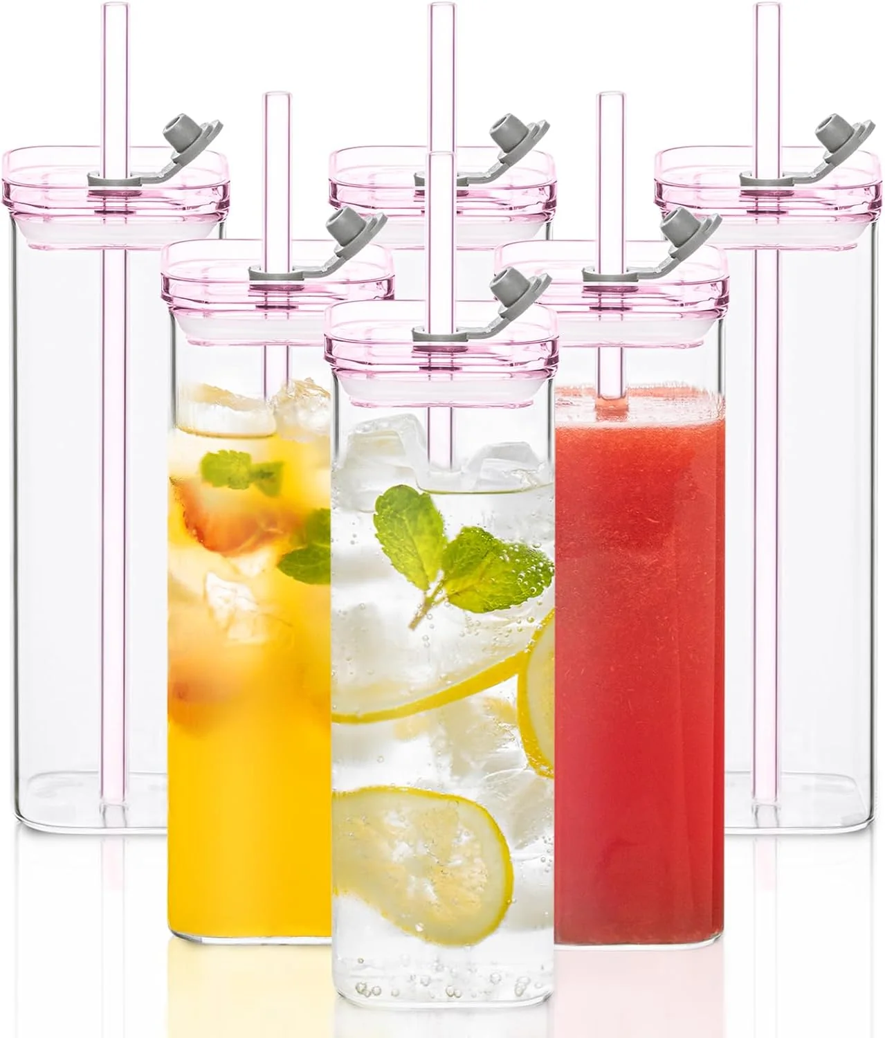 Premium 6PCS Pink Square Drinking Glass Cups 17 Oz Modern Glassware with Lids Straws - Old Fashioned Cocktail Glasses for Juice Iced Coffee Bubble Tea Innovative