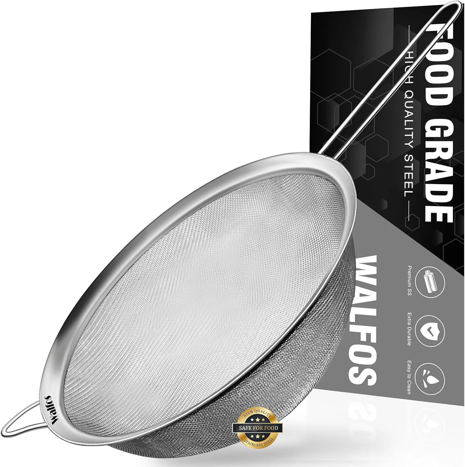 Effective Walfos 8.6 Inch Large Fine Mesh Strainer Kitchen Metal Food Strainers with Sturdy Handle Stainless Steel 30 Mesh Sieve Sifters for Rice Quinoa Pasta Fruits Vegetables etc. Sophisticated
