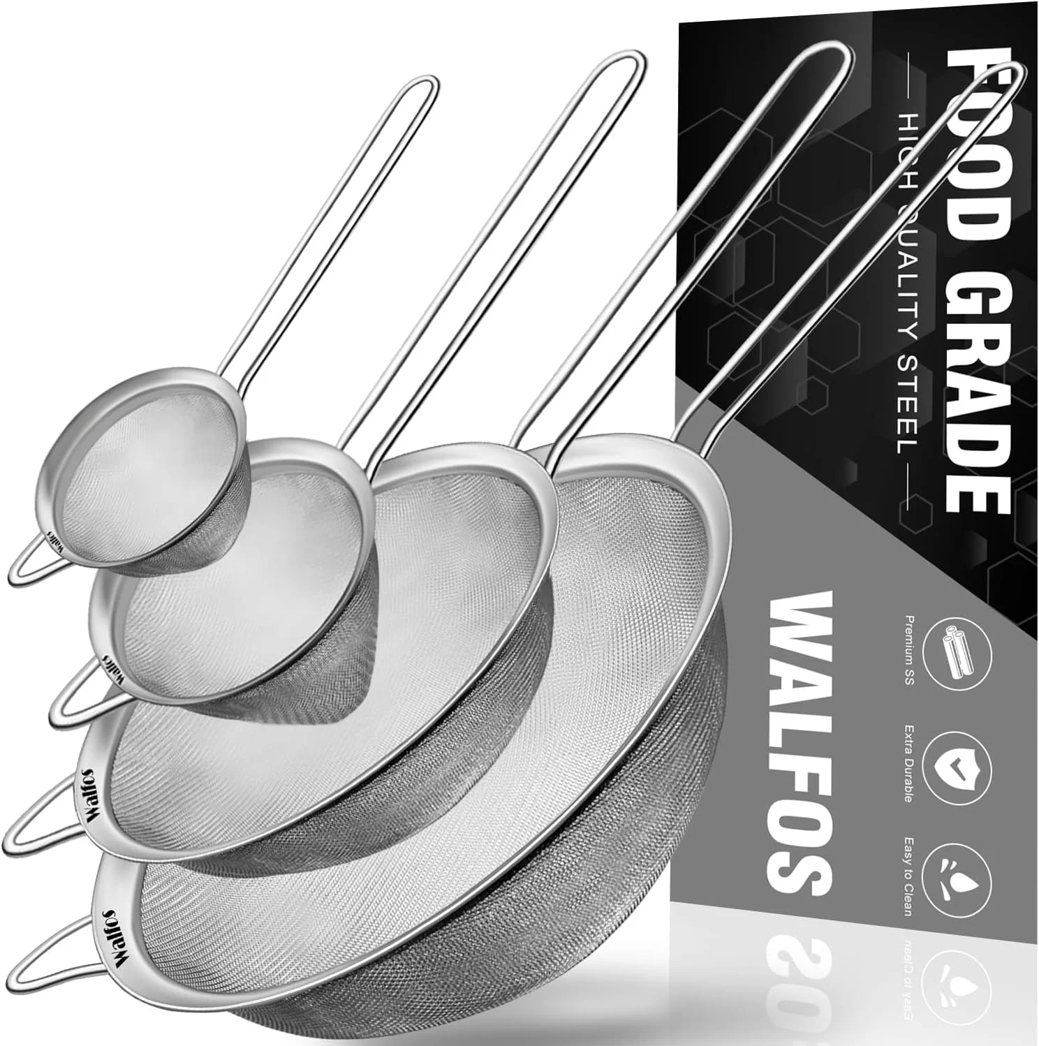 Original Walfos Fine Mesh Strainer 4PCS Versatile Kitchen Strainer with Handle - 7 4.6 3.15 2.7 Sieve Fine Mesh Stainless Steel Metal Strainers and Sifters for Rice Quinoa Tea Cocktail Juice Trusted