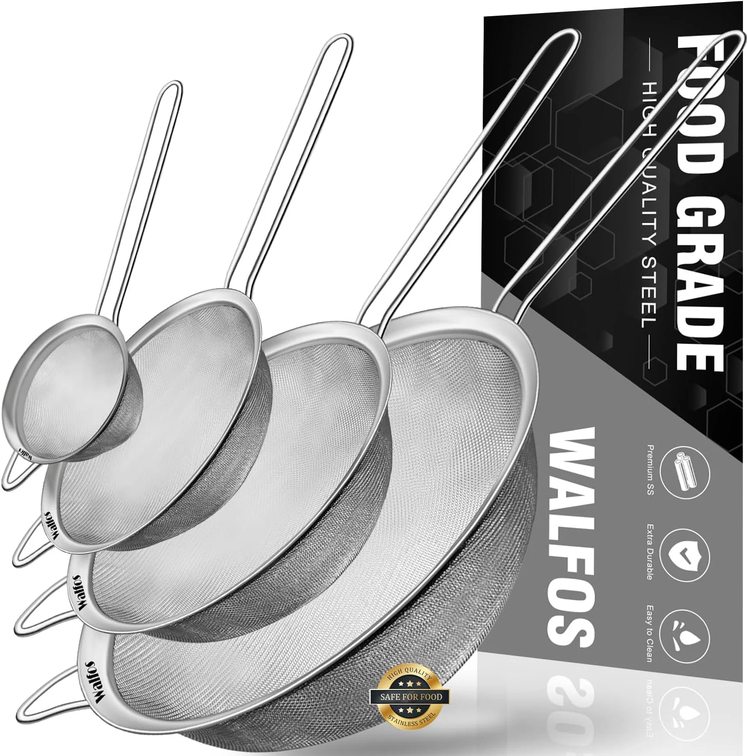 Stylish Walfos Extra Fine Mesh Strainer Set of 4-9.35 6.95 4.6 2.7 Stainless Steel 30 Mesh Sieve with Sturdy Handle Kitchen Food Strainers Sifters for Quinoa Pasta Fruits Vegetables Rice Tea High-End