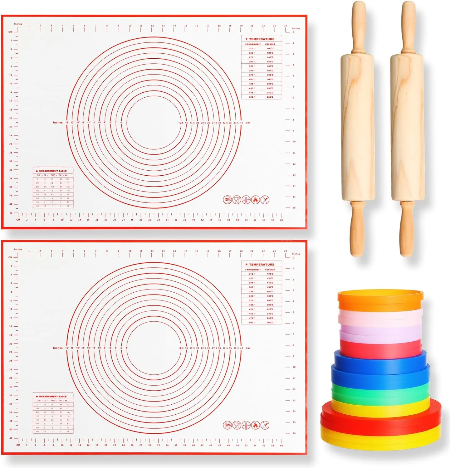 Safe 20 Pcs Rolling Pin Set Include 2 Classic Wood Dough Rollers 16 Adjustable Thickness Guide Rings 2 Pastry Mats Non slip Silicone Baking Essentials for Healthy
