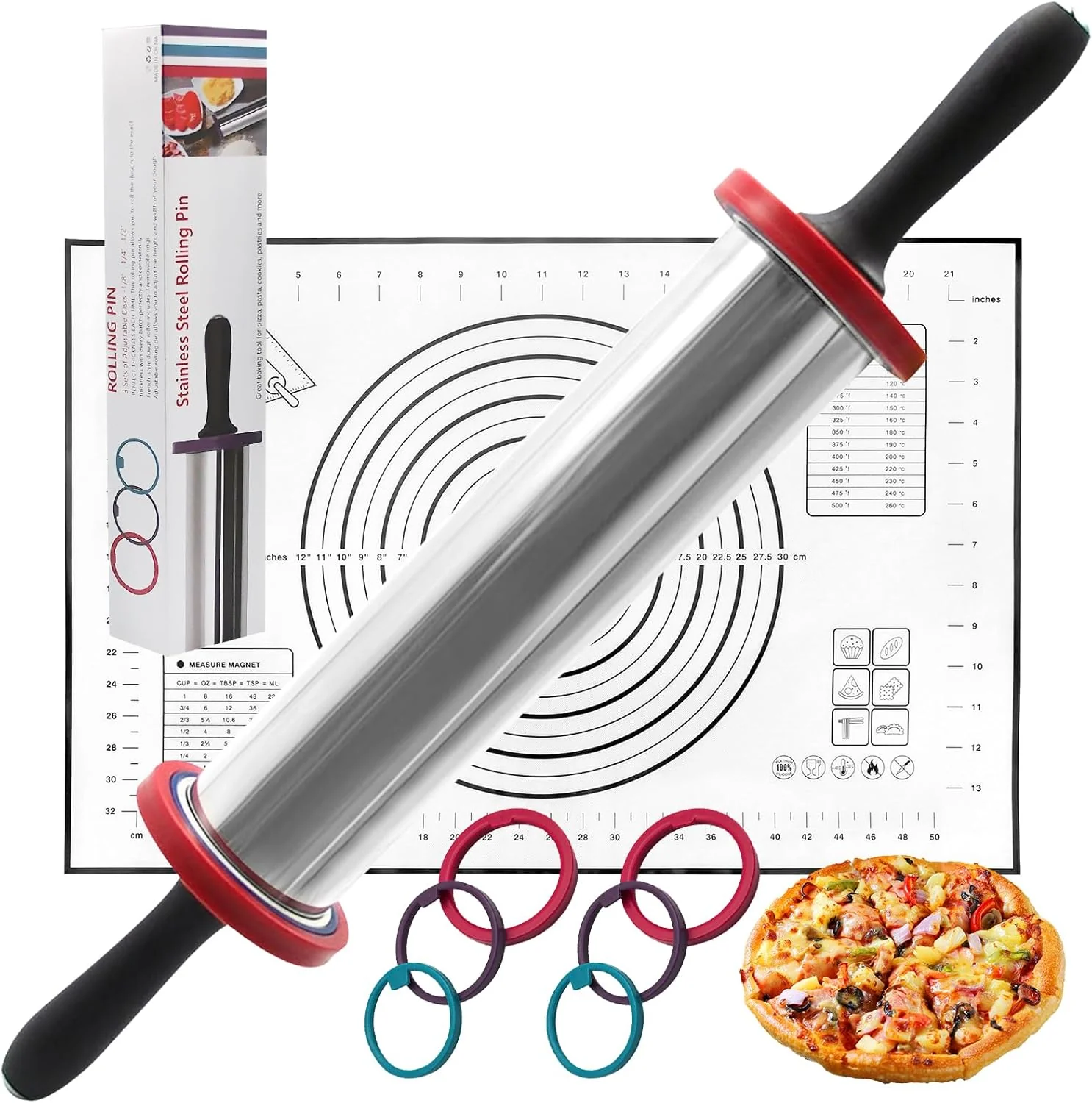 Innovative Rolling Pins Rolling Pin and Silicone Baking Pastry Mat Set Rolling Pins Adjustable Stainless Steel Rolling Pin with Thickness Rings for Baking Dough Clean
