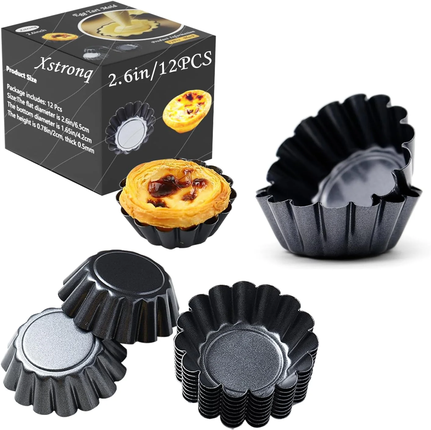 Expertly Made Egg Tart Molds 12PCS Tart Pan 2.6inch Mini Carbon Steel Non Stick Tart Pans Tart Molds For Baking 2.6 inch Fast