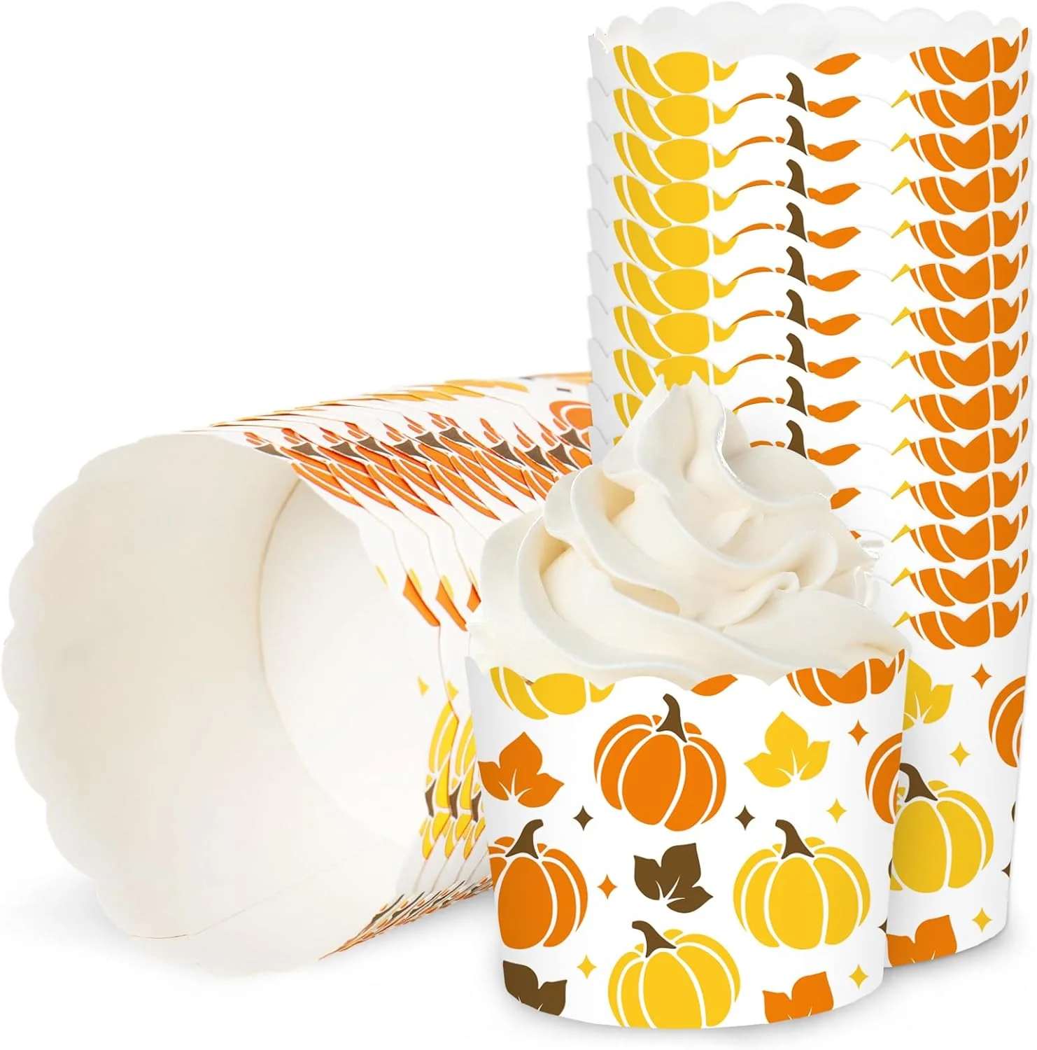 User-Friendly Whaline 100Pcs Fall Paper Baking Cups Pumpkin Maple Leaf Cupcake Wrappers Orange Yellow Brown Scalloped Edge Cupcake Muffin Cases for Autumn Practical
