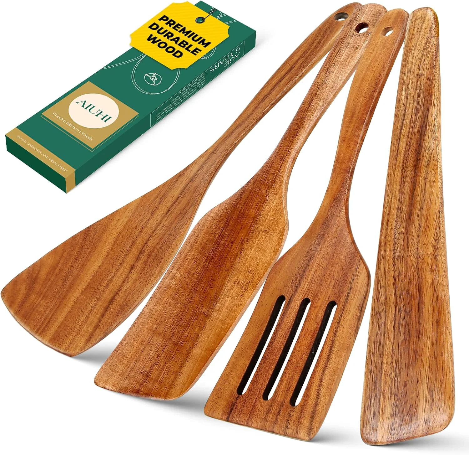 Advanced Aiuhi Wooden Spatula for Cooking Premium Teak Wood Cooking Utensils NonStick Kitchen Utensils Set of 4 Contain Paddle Turner Spatula High-End