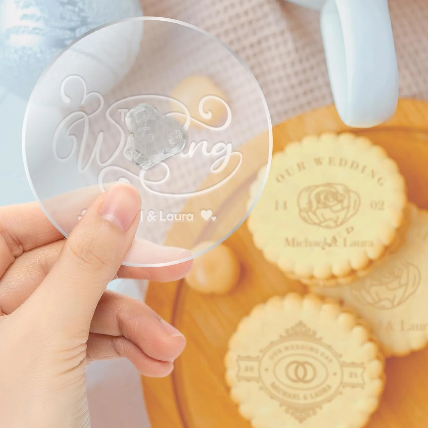 Green Personalized Wedding Cookie Stamp Custom Acrylic Cookie Embossing Mold with Handle for Baking Decoration Premium Material