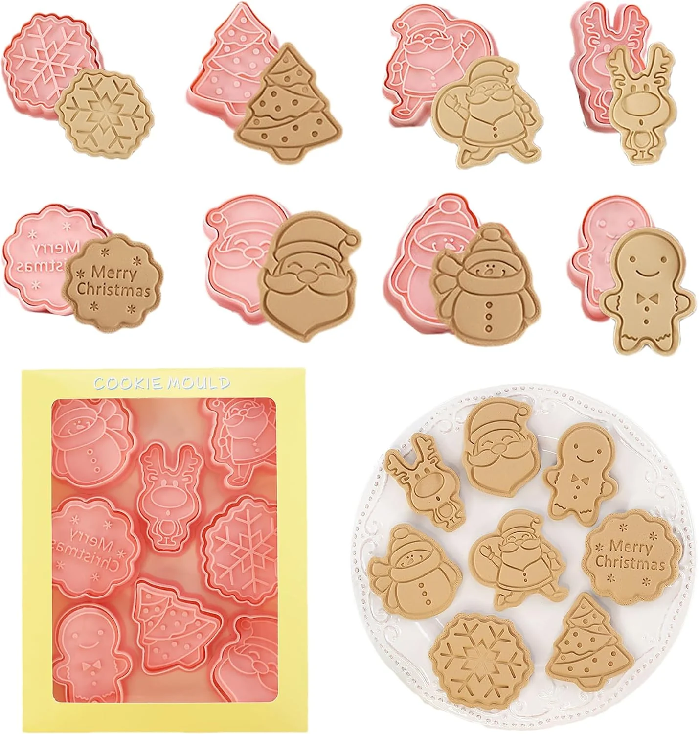 Traditional 8Pcs Christmas Cookie Cutters 3D Plastic Snowflake Santa Tree Snowman Design Biscuit Mould and Cutters Certified