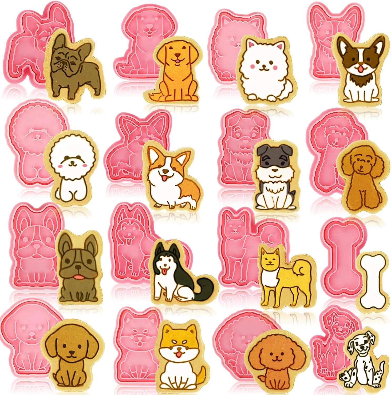Pure 16 Pcs Dog Cookie Cutters with Plunger Stamps Set 3D Puppy Bone Shape Biscuit Cutter Funny Cartoon Cookie Stamps Stamped Embossed Dog Cookie Cutters Safe
