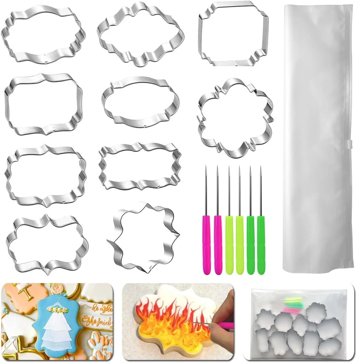 Professional Frame Cookie Cutters 10 Shapes with 6 Cookie Scribes 1 Storage Bag Plaque Fondant Dough Cutters Baking Tools Kitchen Accessories for Home Daily Selected