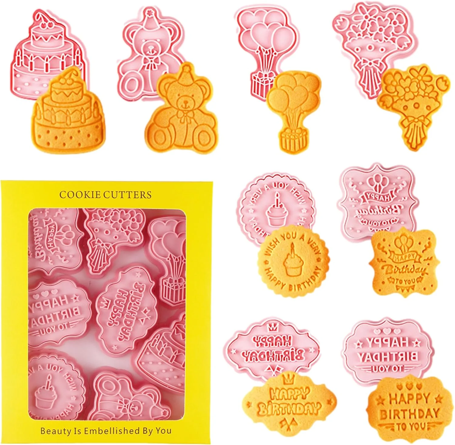 Reliable 8PCS Happy Birthday Cookie Cutter Sets 3D Plastic Cookie Cutters with Plunger Stamps Pressable Biscuit Mold Cookie Molds Cake Baking Fondant Cutter Exclusive