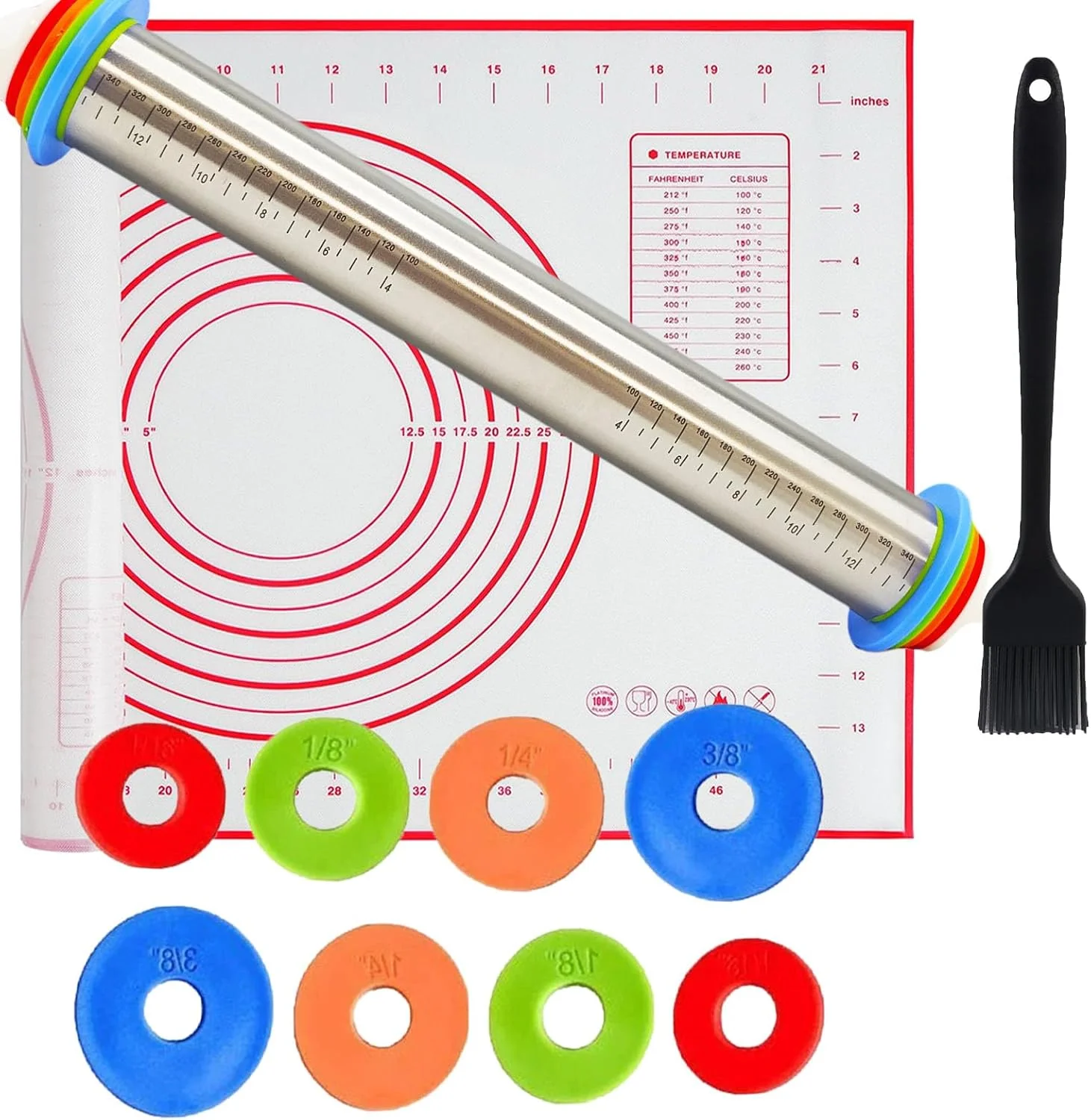 Sophisticated Adjustable Rolling Pin 3 Set and Silicone Baking Pastry Mat Silicone Bush Set Thickness Rings Stainless Steel Dough Roller 17.4 Rolling Pins for Baking Dough Convenient