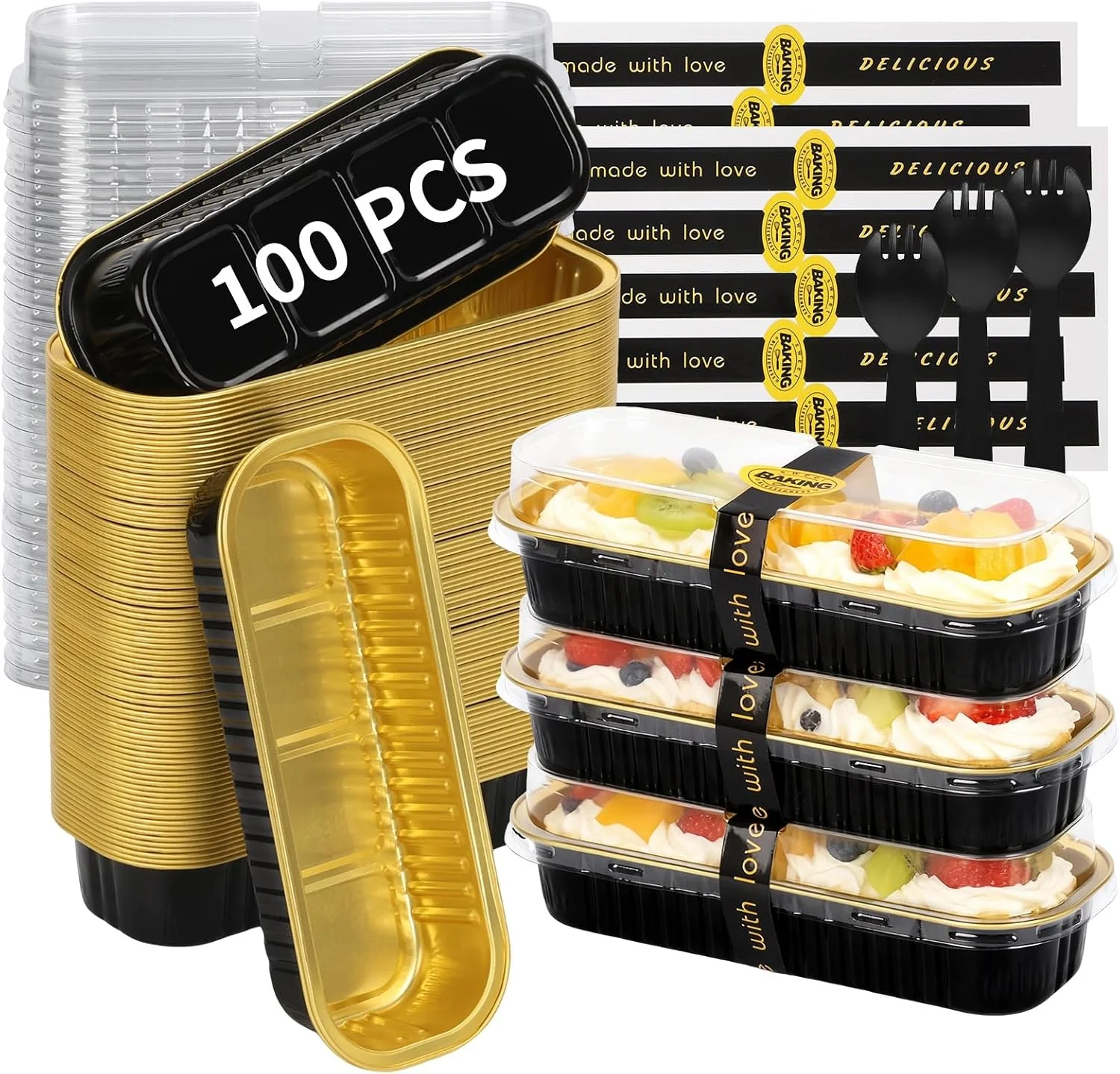 Eco-Friendly 100 Pack 6.8 oz Rectangular Mini Loaf Pans with Lids and Spoons Disposable Aluminum Foil Mini Cake Pans and Baking Tins with Sealing Stickers Individual Black Dessert Containers for Parties Unique