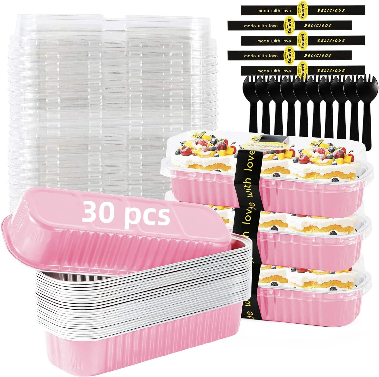 Clean Mini Loaf Pans with Lids and Spoons Sealing Sticker 6.8oz Cake Pans for Baking Disposable Aluminum Foil Pink Red cake pan 30 Pink Pure