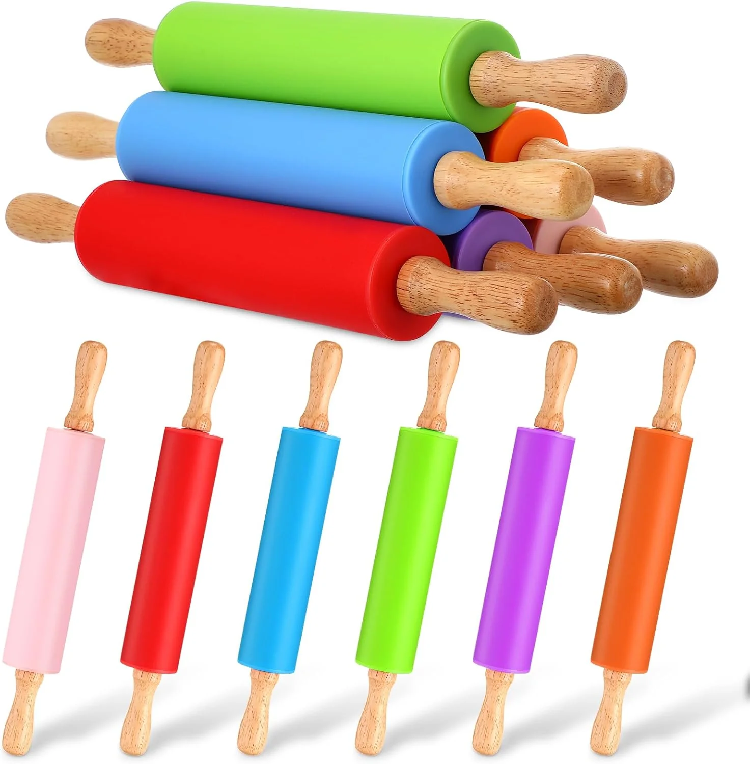 World-Class 12 Pcs Small Rolling Pin Kids 12 Inch Mini Silicone Rolling Pin Non Stick Kids Dough Roller with Wooden Handle for Baking Kitchen Cookie Pastry Fondant Cake 6 Colors Healthy