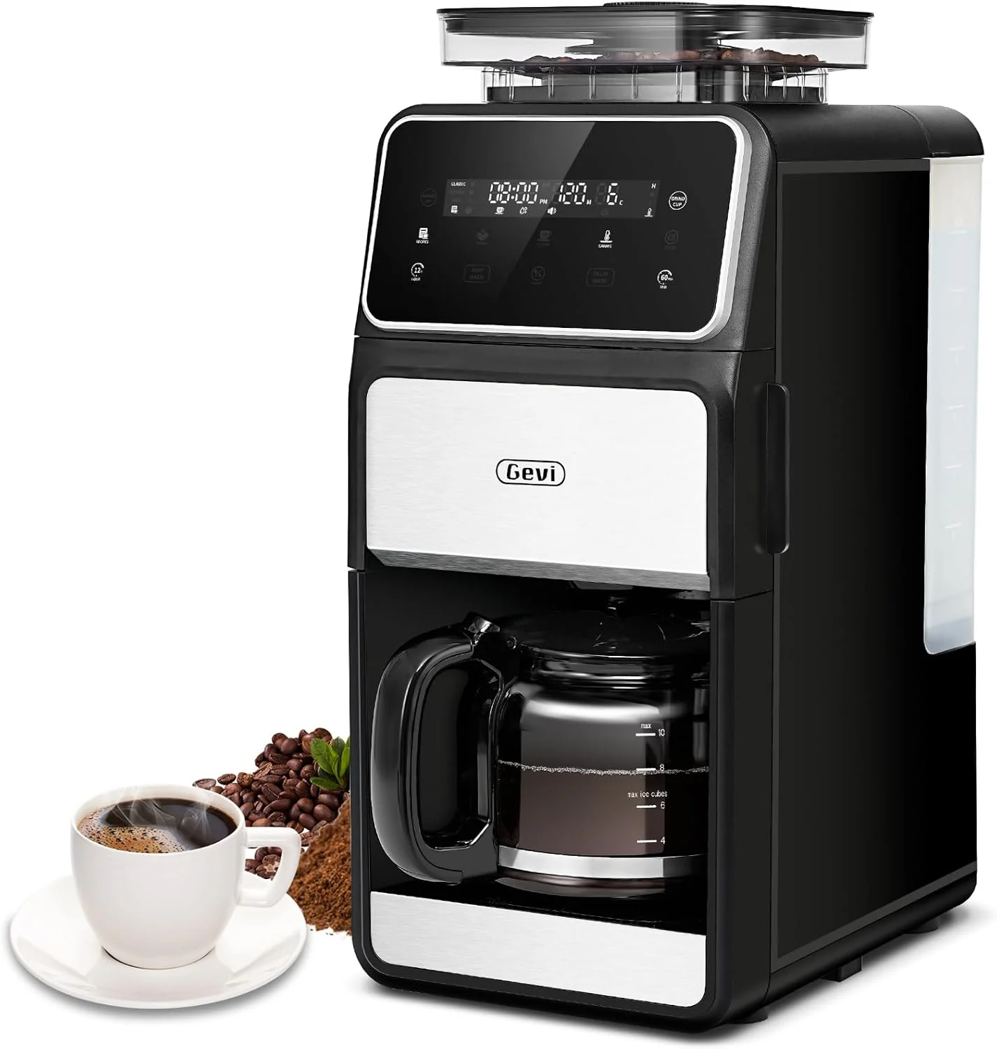 Crafted Gevi 10-Cup Grind Brew Coffee Maker with Built-in Burr Grinder – Programmable Touch Screen 4-Hour Keep Warm Permanent Filter Drip Coffee Machine for Home Office Lightweight