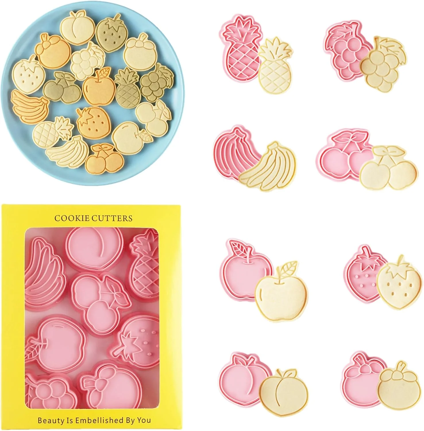 Breathable 8Pcs Fruit Cookie Cutters Set 3D Plastic Biscuits Mold for Baking DIY Cake Decor Grape Banana Strawberry Apple Shape Cookie Molds for Party I8 Genuine