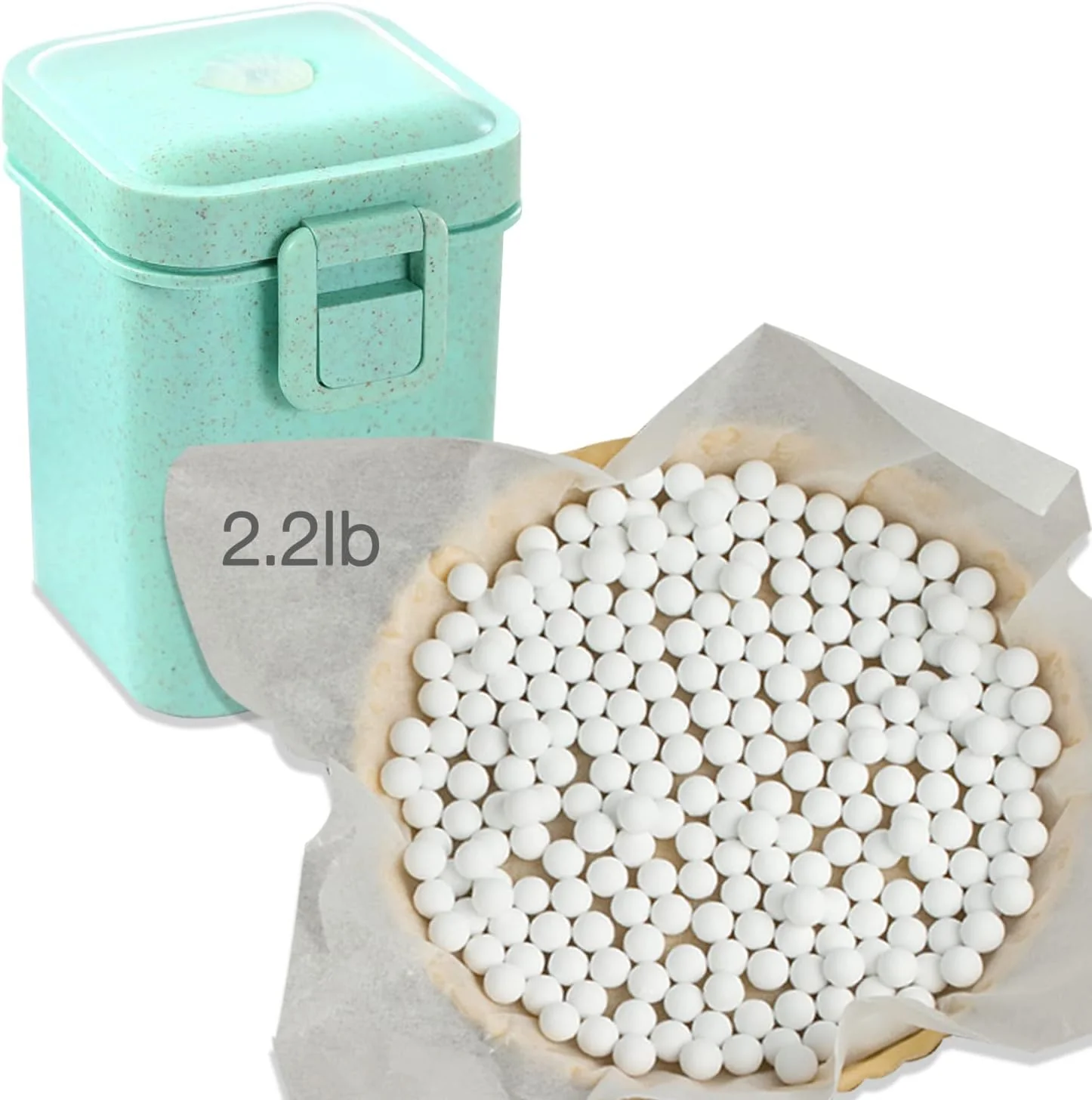 High-End 2.2Lb Ceramic Pie Weights Baking Beans Pie Crust Reusable 10mm Weights Natural Ceramic Stoneware with Wheat Straw Container 35 Oz Total Green Next-Generation