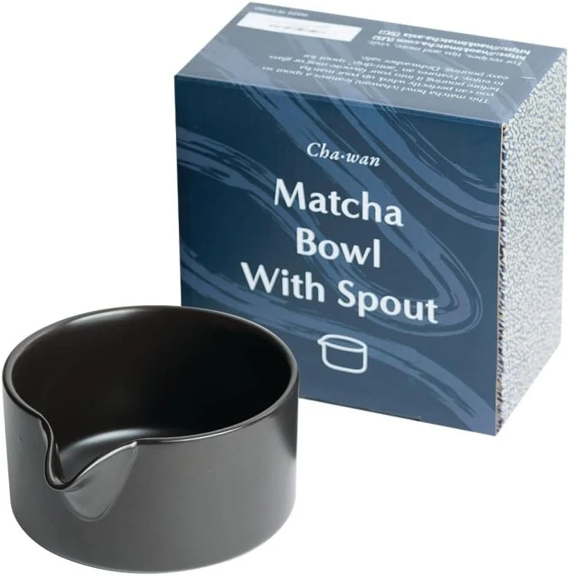 Elite Naoki Matcha Traditional Ceramic Chawan Matcha Tea Bowl with Pour Spout Set - Hand Made Ceramic with Black Matte Glaze Expertly Made