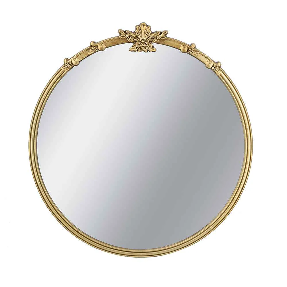 Fine 30x31 Round Wall Mirror with Gold Finish and Decorative Leaf Crest Elite