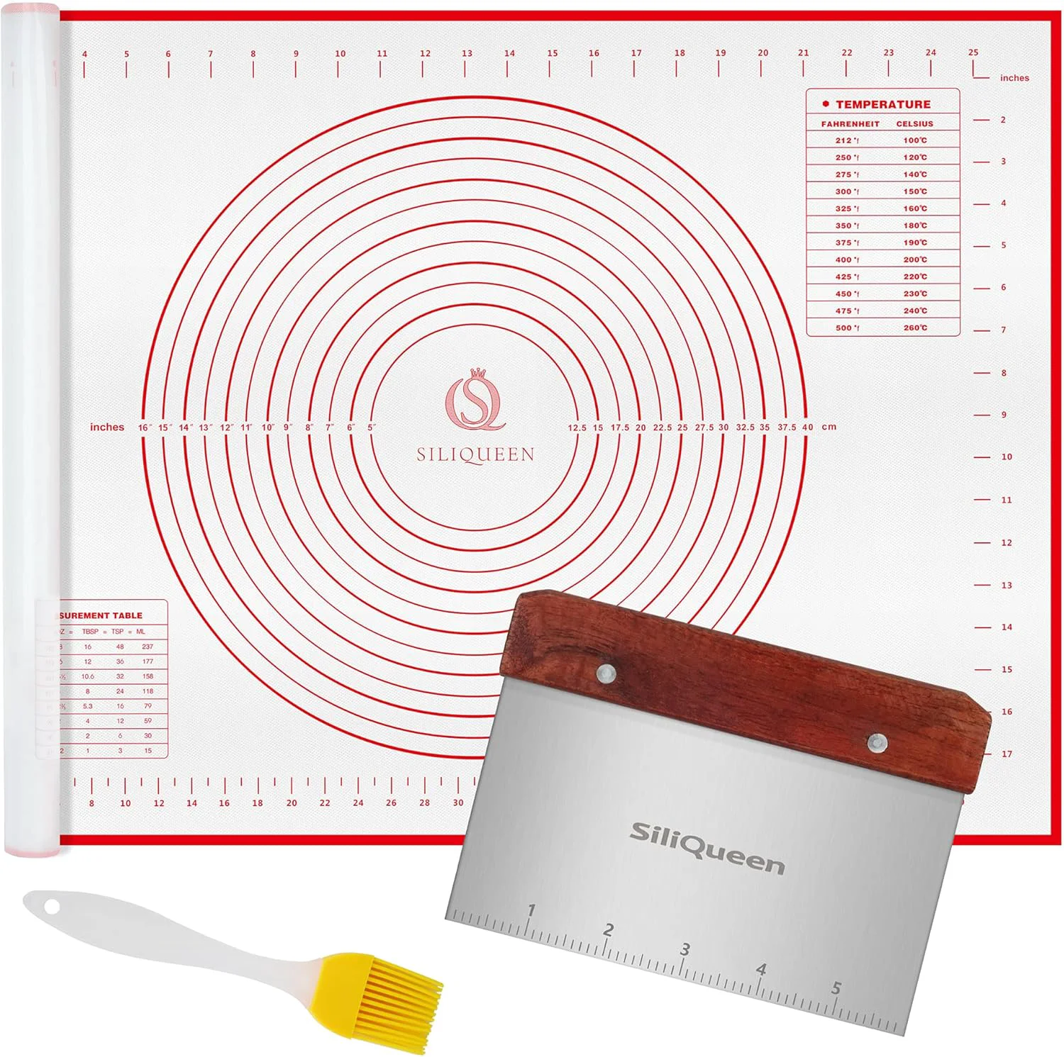 Crafted Silicone Pastry Baking Mat with Measurements Extra a Brush and a Dough Scraper- 27.5 x 20 Heat Resistant BPA Verified
