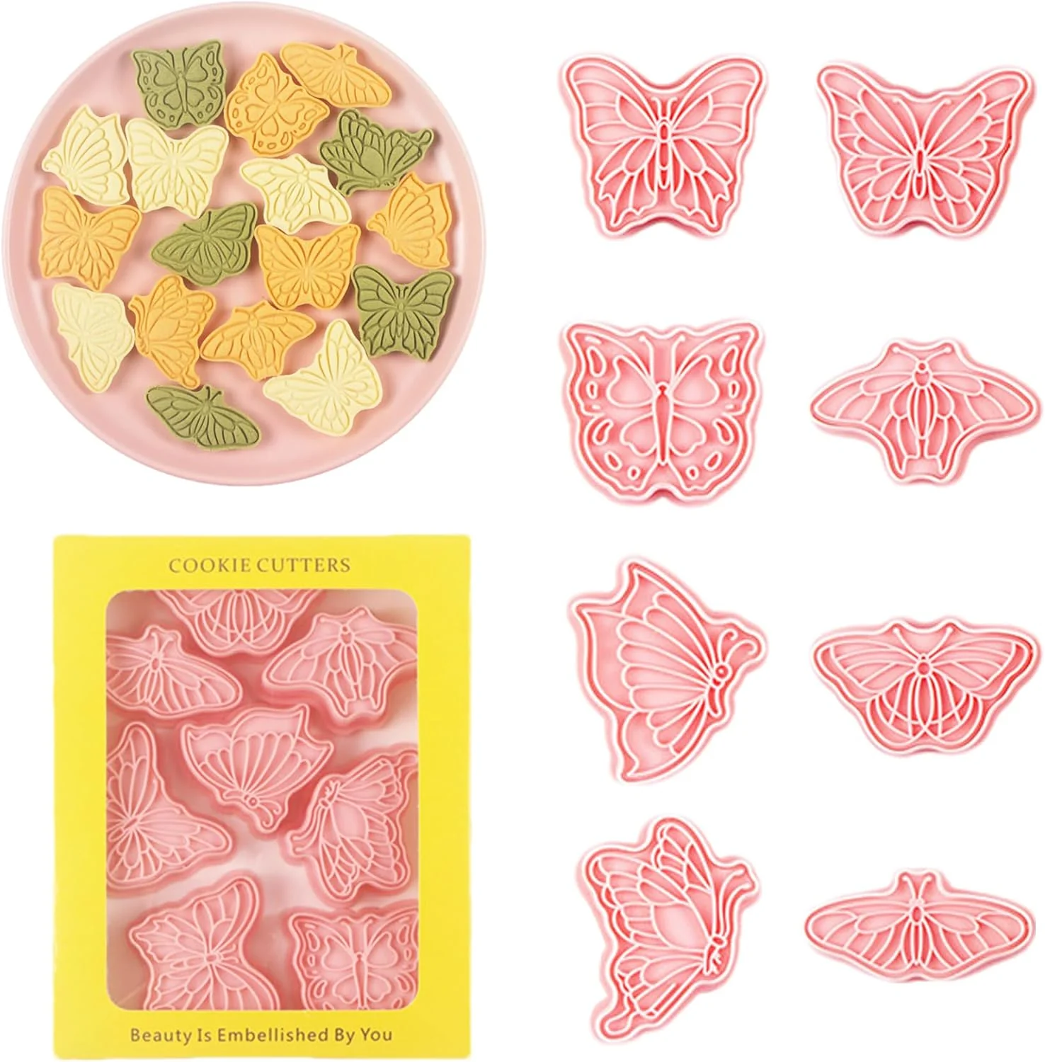 Solid Butterfly Cookie Cutters 8 Pcs Plastic Biscuit Cutter Set 3D Pressable Cake Baking Fondant Embosser Stamps for Party Decoration Pastry Tools F8 High-End