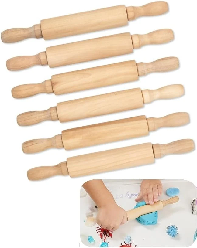 Natural 8-Inch Premium Kids Mini Rolling Pins 6-Pack Splinter- Non-Stick Hardwood for Baking Sensory Crafts Play-Doh Clay Verified