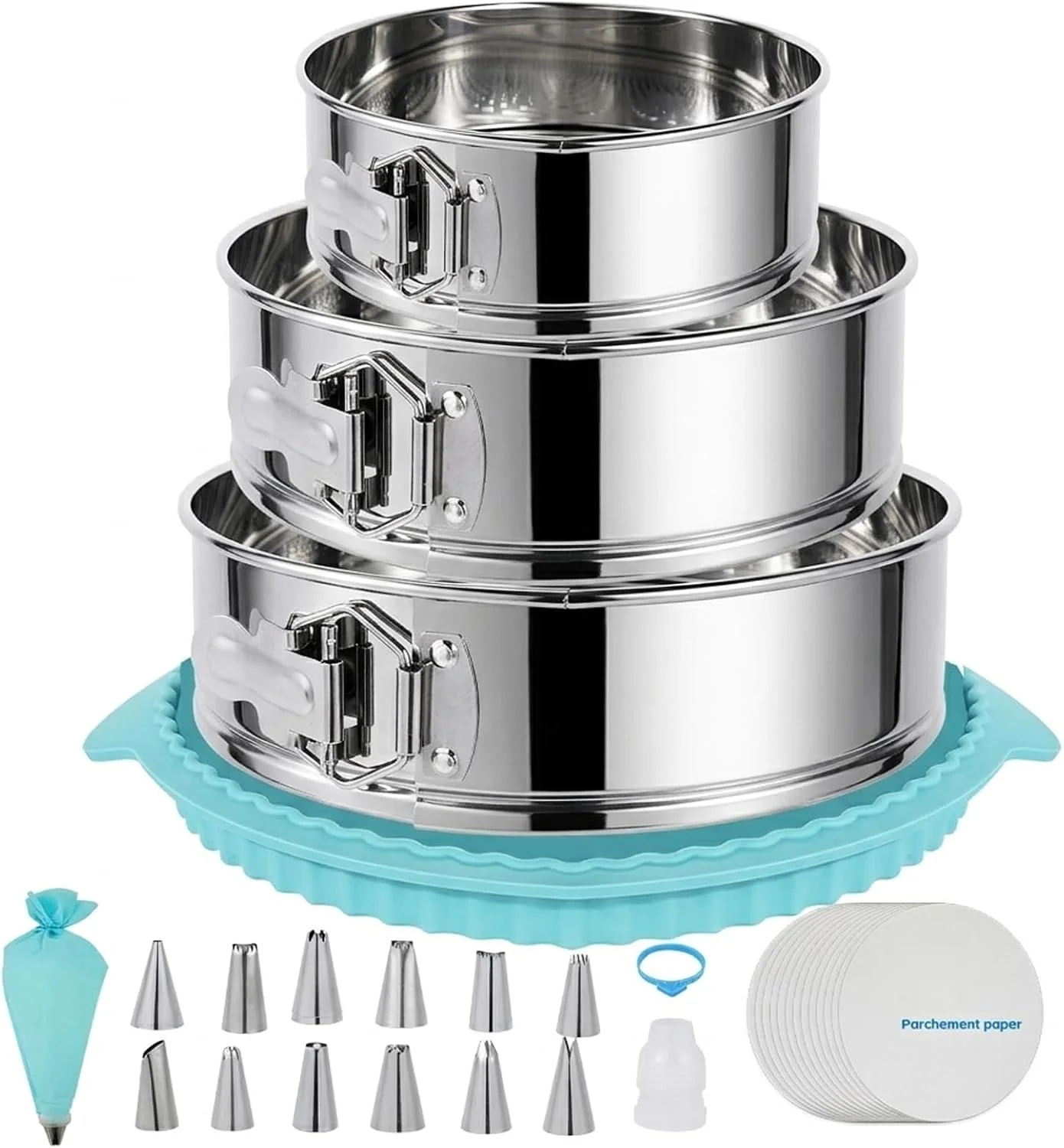 Sustainable Springform Pan Set for Baking 7 9 10inches 304 Stainless Steel Springform Cake Pan with Removable Bottom Cheesecake Pan with 50PCS Parchment Paper for Pie Cake Pizza and Quiches Verified