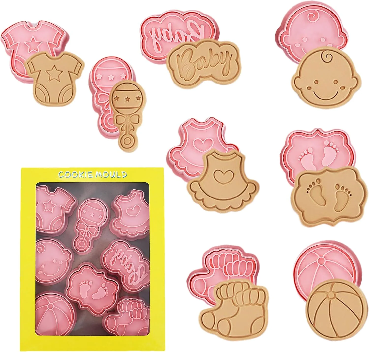 Top-Quality 8 Pcs Cute Baby Shower Cookie Cutters for Baking Plastic Cookie Stamps Newborn Party Biscuit Mould Set DIY Fondant Biscuit Stamps Kitchen Tools L8 Premium Material