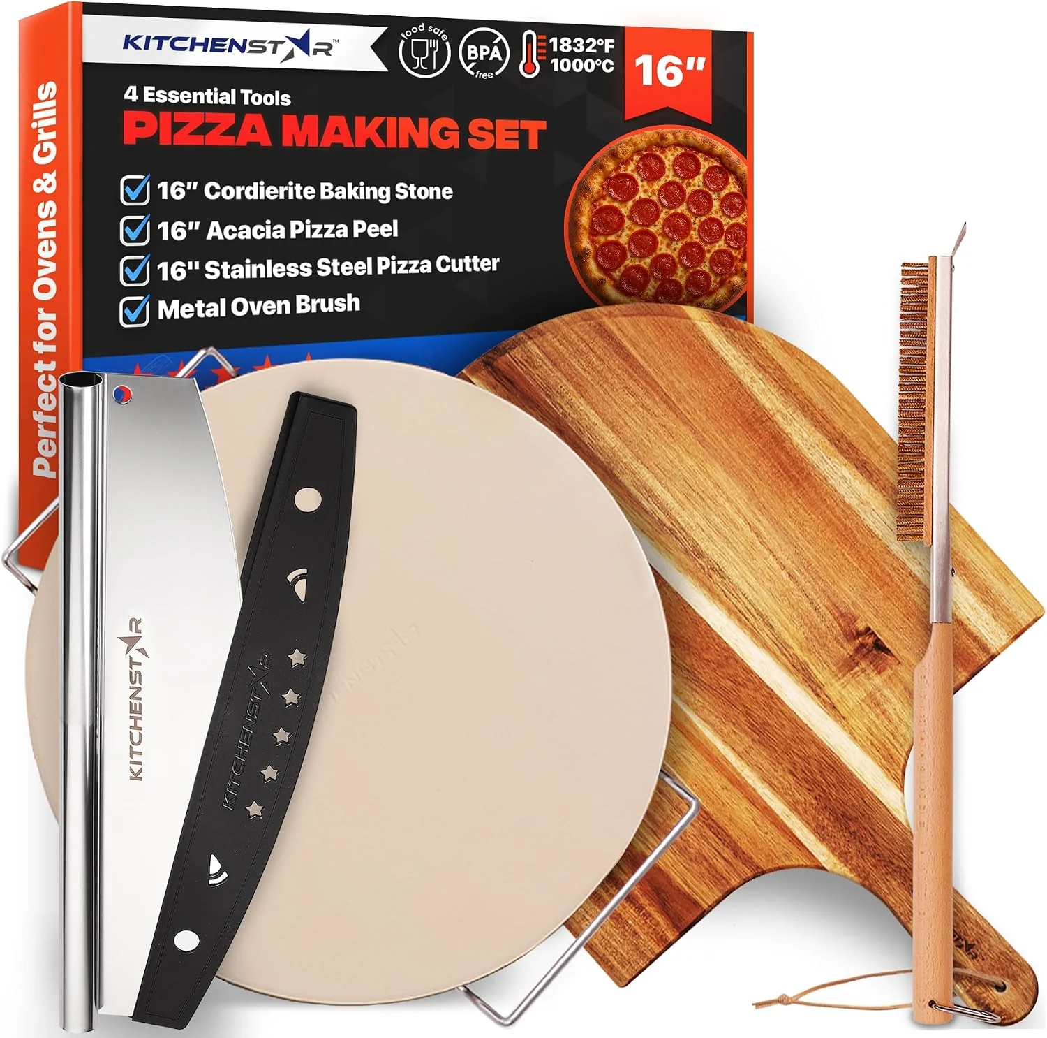 Easy-to-Use Pizza Stone Set for Oven and Grill – 16 Inch Cordierite Baking Stone 1800°F Resistant 6-Piece Kit with Acacia Wood Pizza Peel Cutter Rocker Steel Rack amp Cleaning Brush Specialty