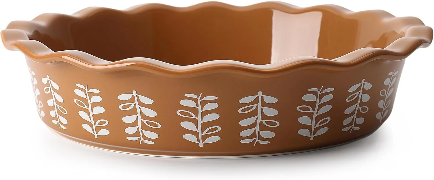Original Sweese Porcelain Deep Fluted Pie Dish for Baking - 9 inch Porcelain Pie Plate for Apple Quiche Pot Pies Tart - Leaf - Brown Proven