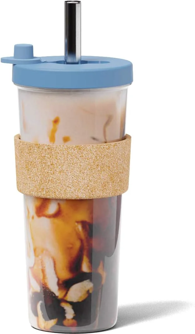Dependable Dodoko Reusable 24 oz Bubble Tea Cup with Lid and Straw - Iced Coffee Cup - Smoothie Tumbler to Go - Breeze Blue Detailed