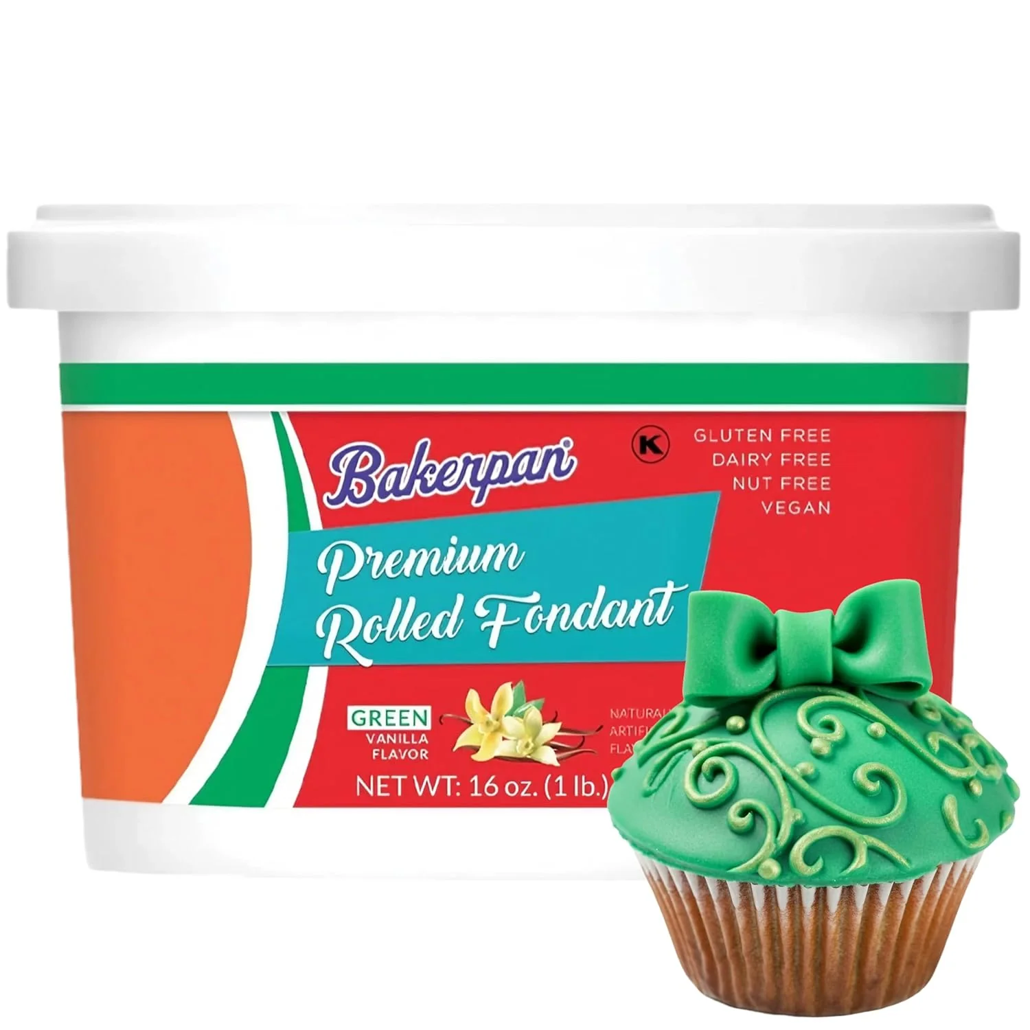 Contemporary Bakerpan Premium Rolled Green Fondant for Cake Decorating - 1 Pound Vanilla Flavor Genuine